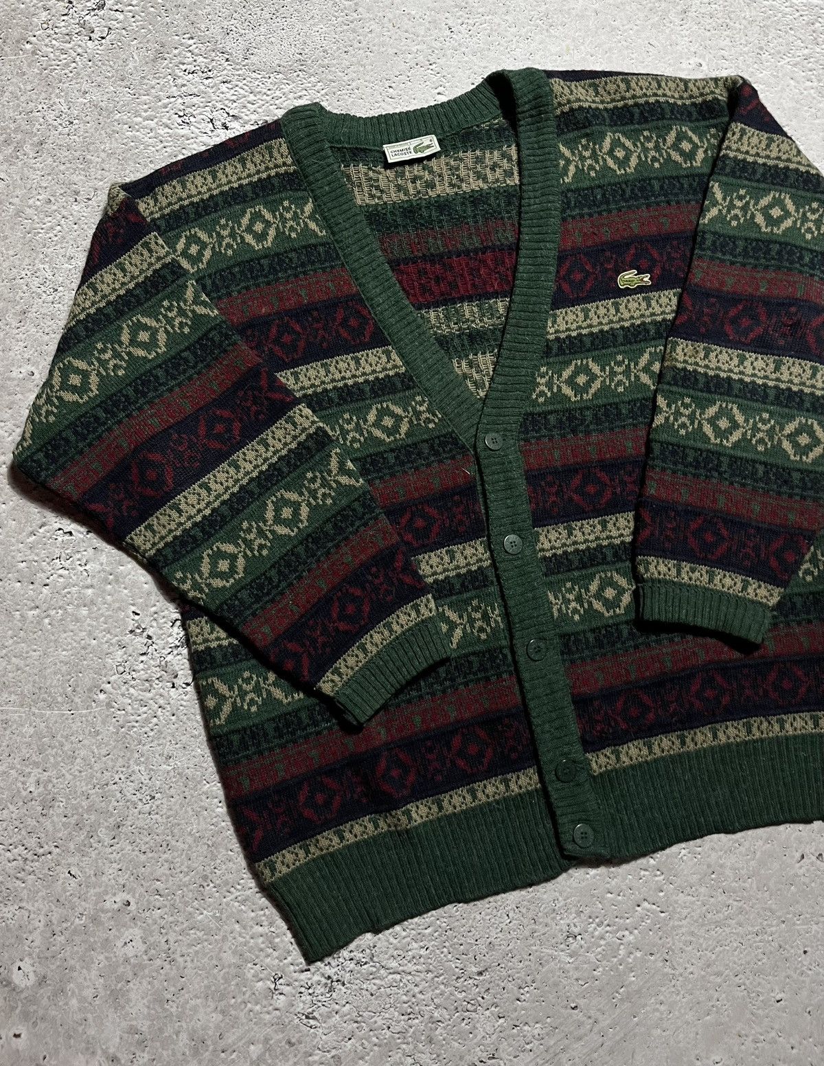 Lacoste × Vintage Vtg Lacoste Fair Isle Knit Cardigan Green Red Alpaca Wool Size US L / EU 52-54 / 3 - 3 Thumbnail