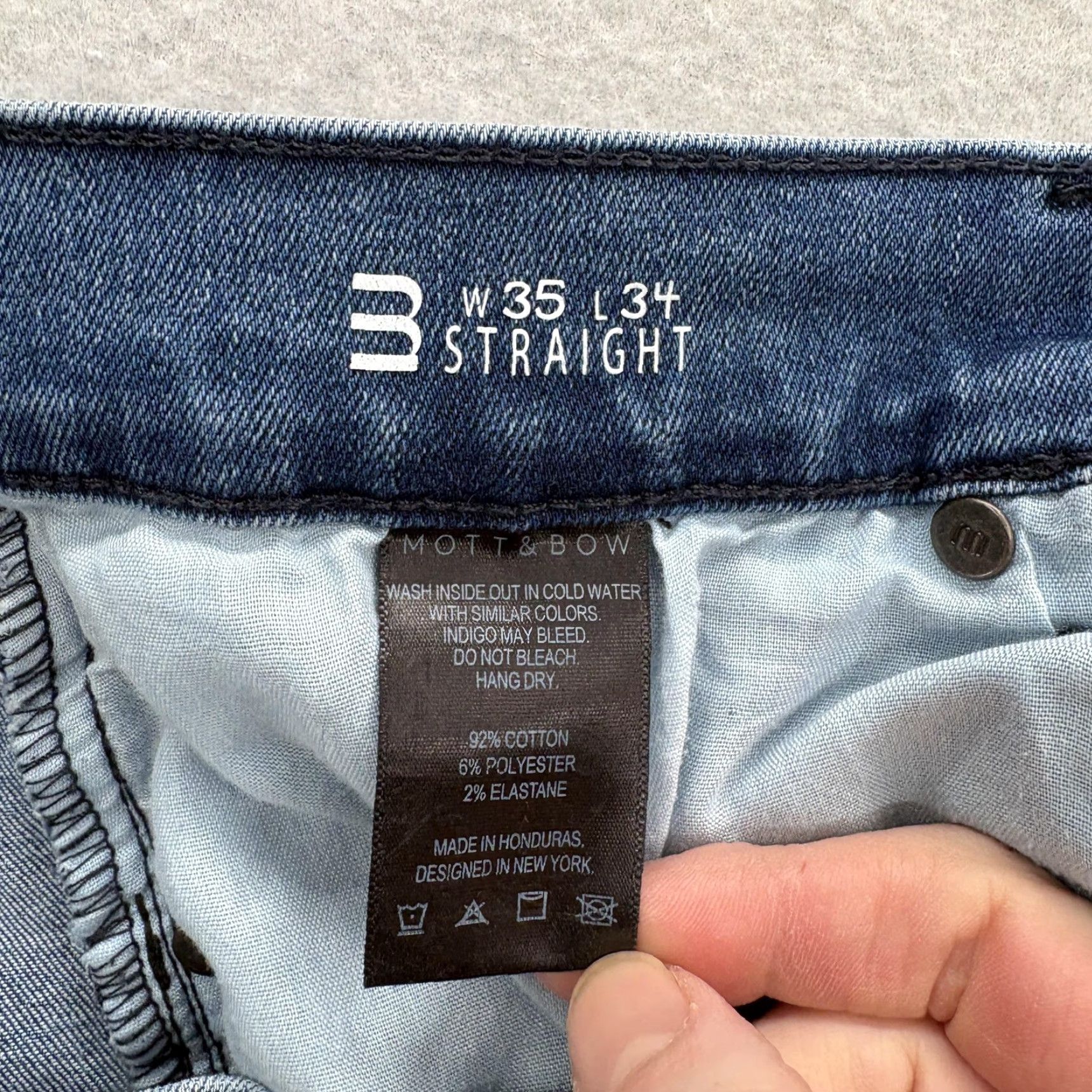 Mott & Bow Mott & Bow Jeans 35x34 Blue Medium Wash Straight Denim Pants Mens Regular Stretch Cotton Polyester Zip Pocket Vintage No Size US 35 - 5 Thumbnail