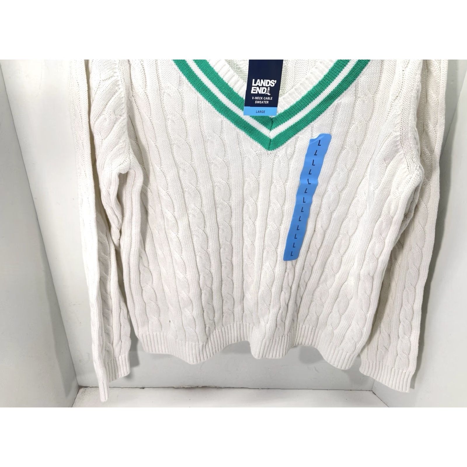 Lands' End Lands' End V Neck Cable Sweater Women Large White Long Sleeve Pullover Cotton NWT Size L / US 10 / IT 46 - 3 Thumbnail