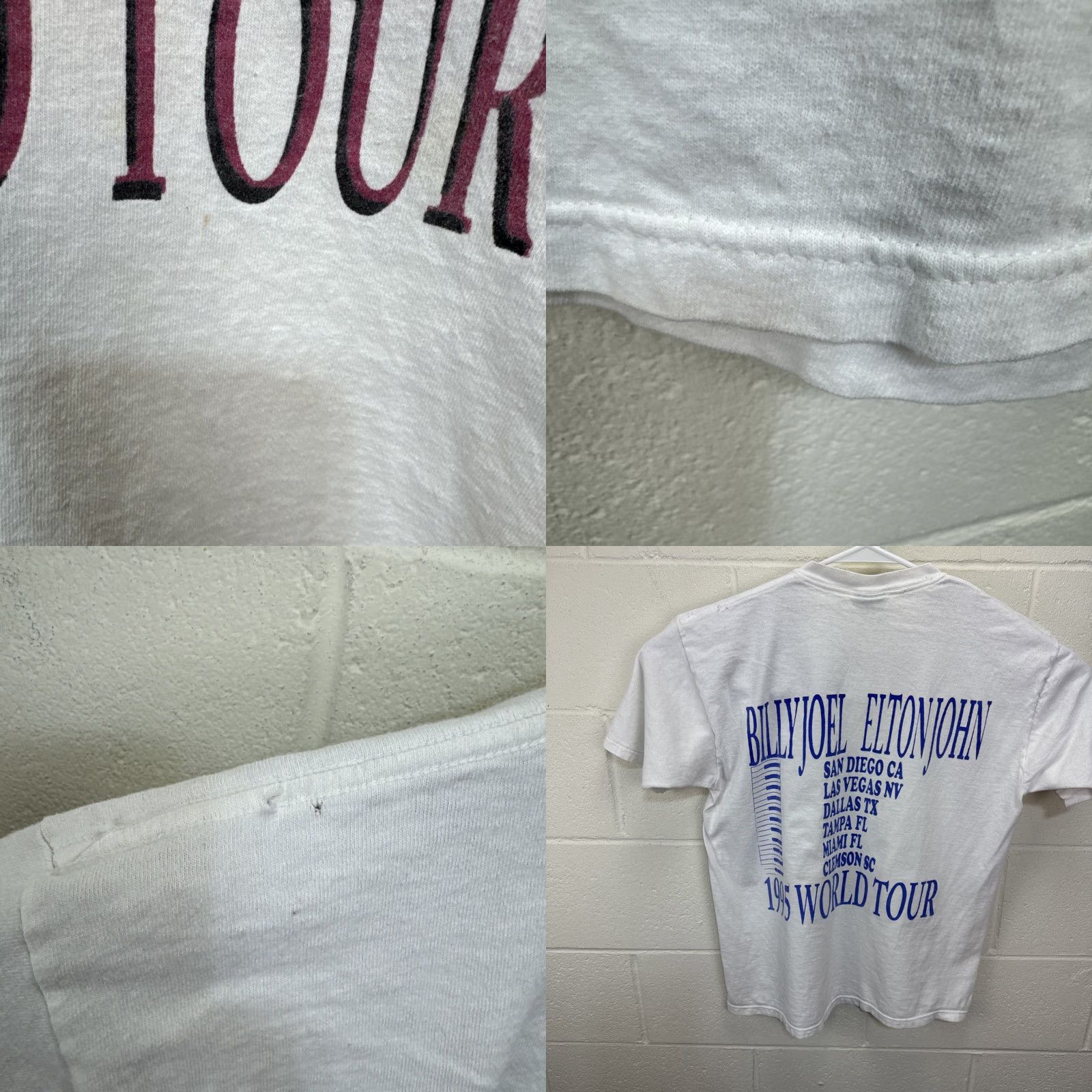 VINTAGE Billy Joel & Elton John T-Shirt Men's L White 90s World Tour Graphic Print Double-Sided Crew Neck - Softee