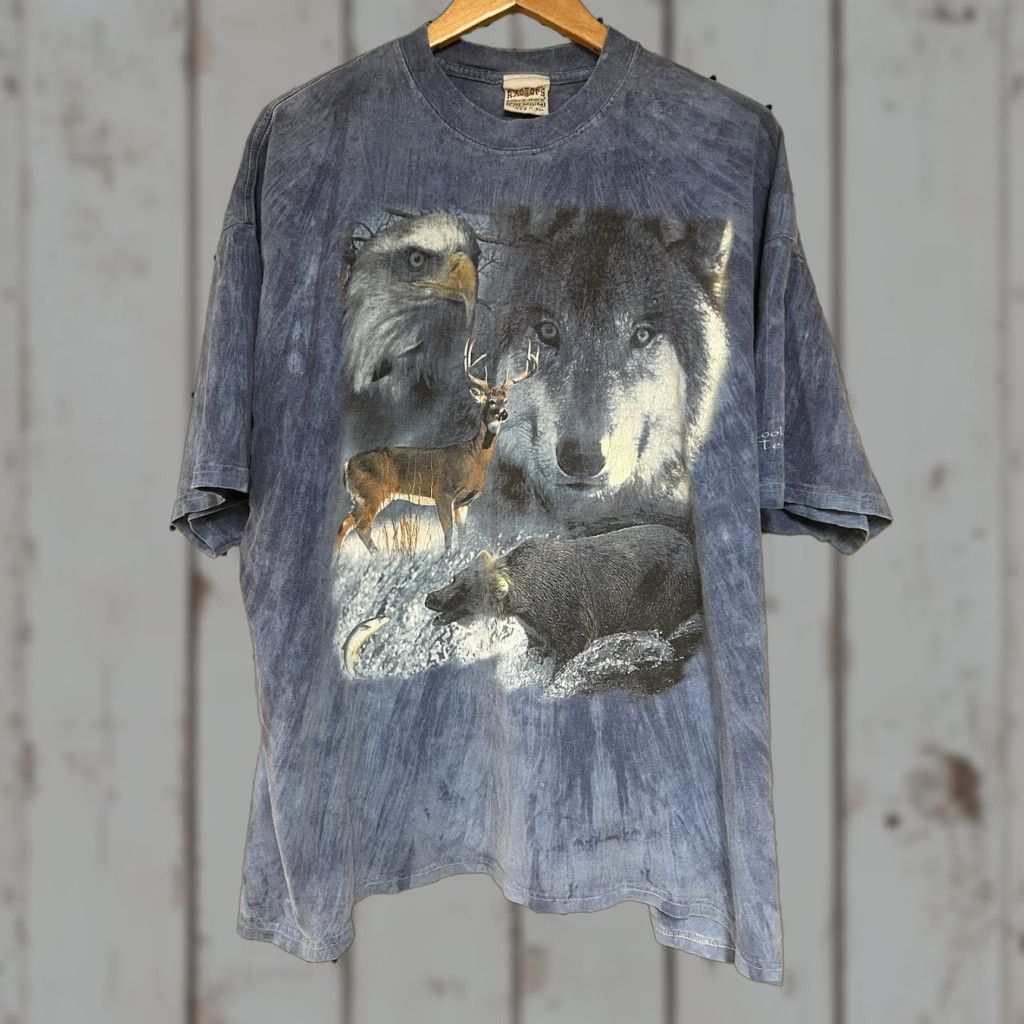 VINTAGE 2XL Tie-Dye T-Shirt Blue USA Eagle Bear Trout Deer Lookout Mountain TN Nature 90s Mens Shirt