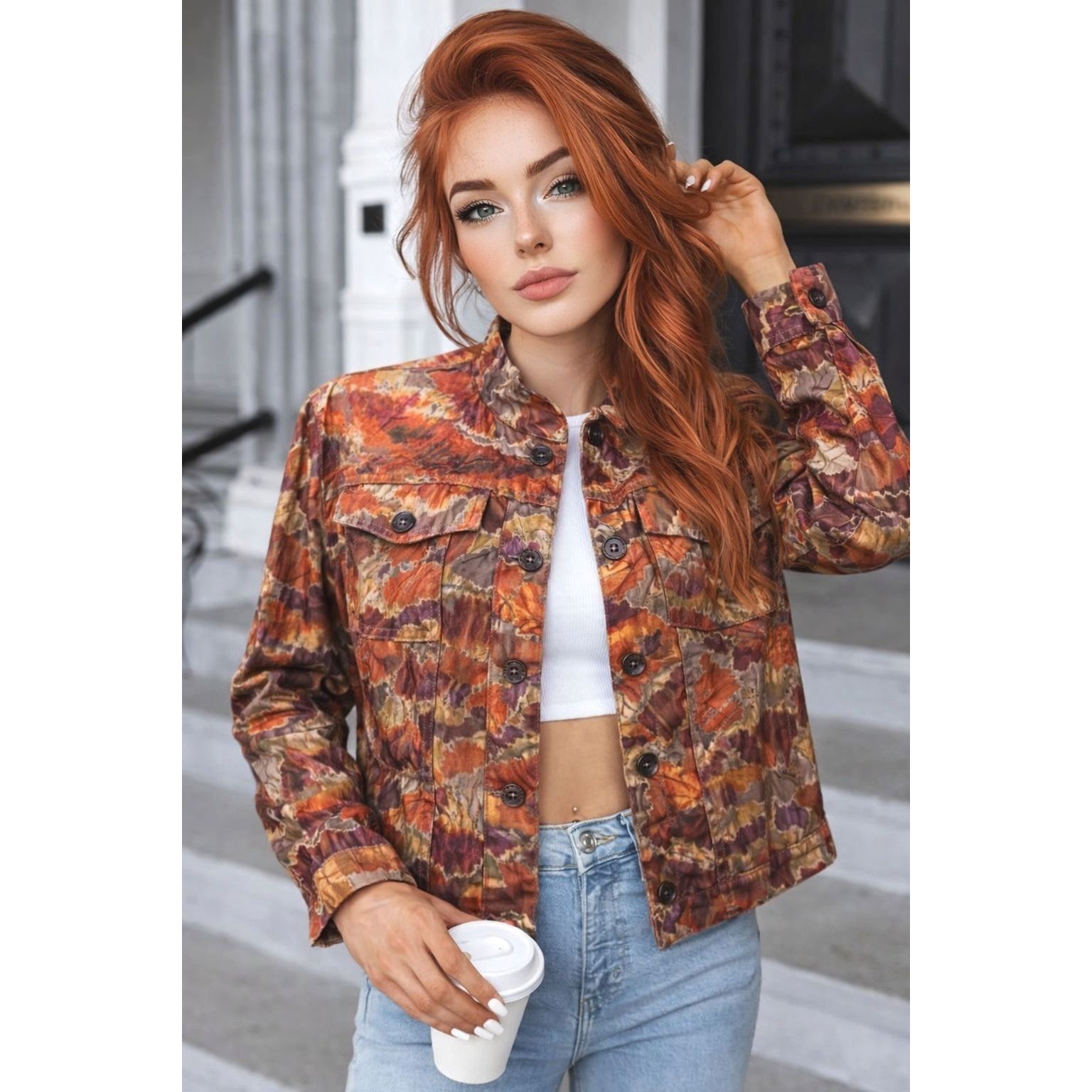 Other Ruby Rd Size 10 Autumn Print Mandarin Collar Button Jacket Size L / US 10 / IT 46 - 1 Thumbnail