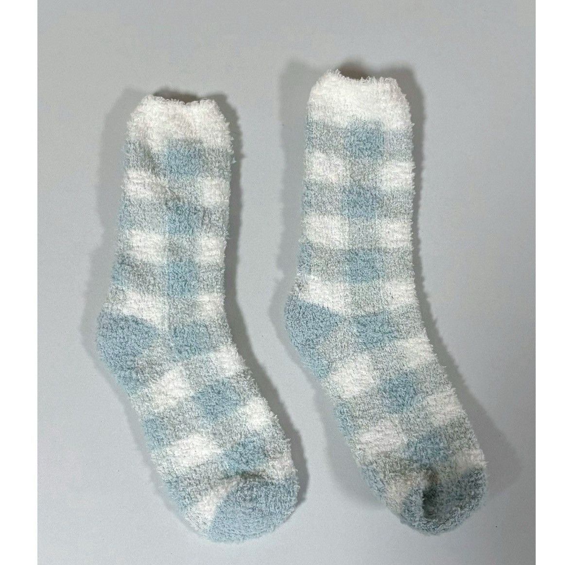 Vintage Blue White Pastel Plaid Checkered Plush Fuzzy Winter Socks ❄️ Size ONE SIZE - 1 Thumbnail