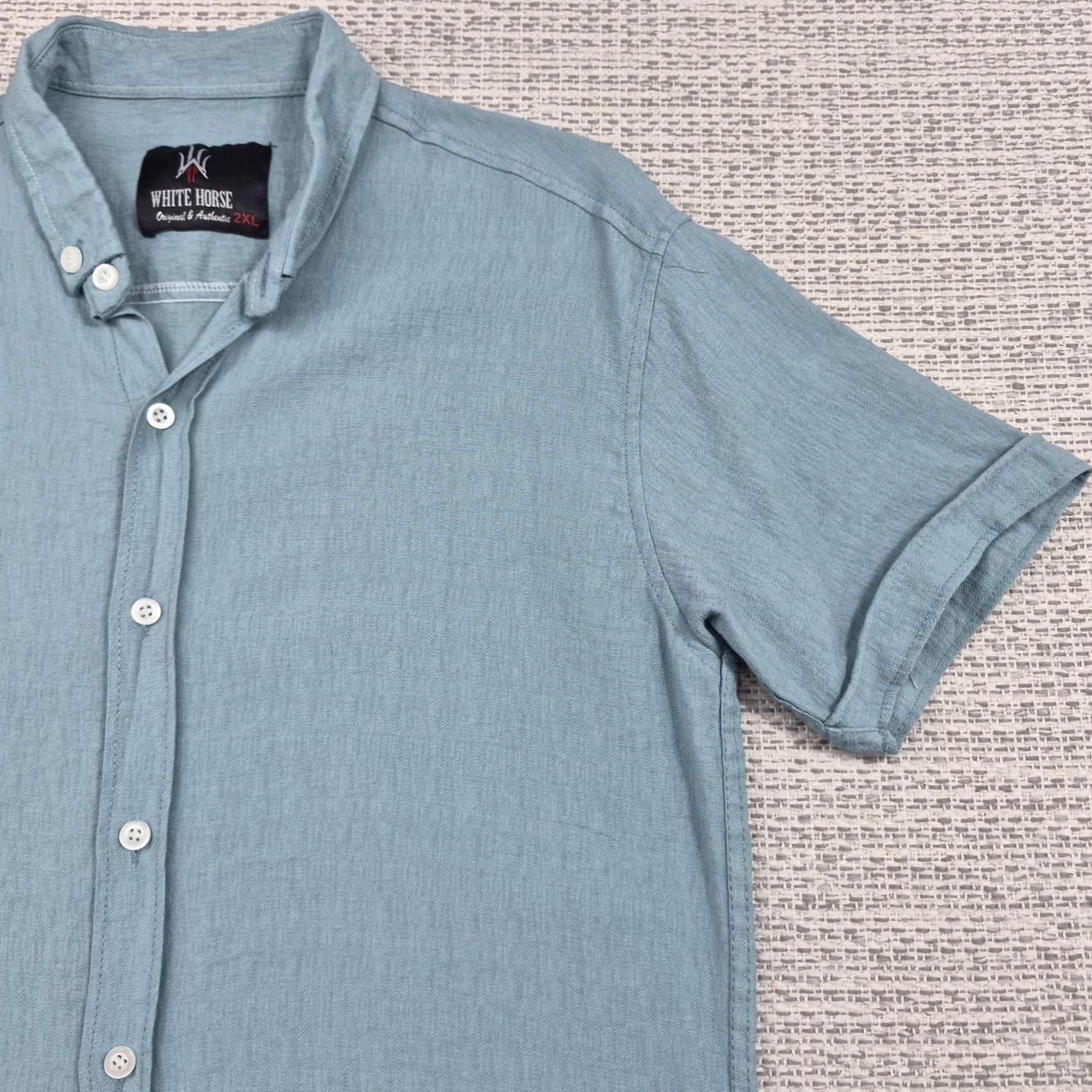 Vintage VINTAGE White Horse Button Up Shirt Mens 2XL Blue Short Sleeve Band Collar Casual Size US XXL / EU 58 / 5 - 2 Thumbnail