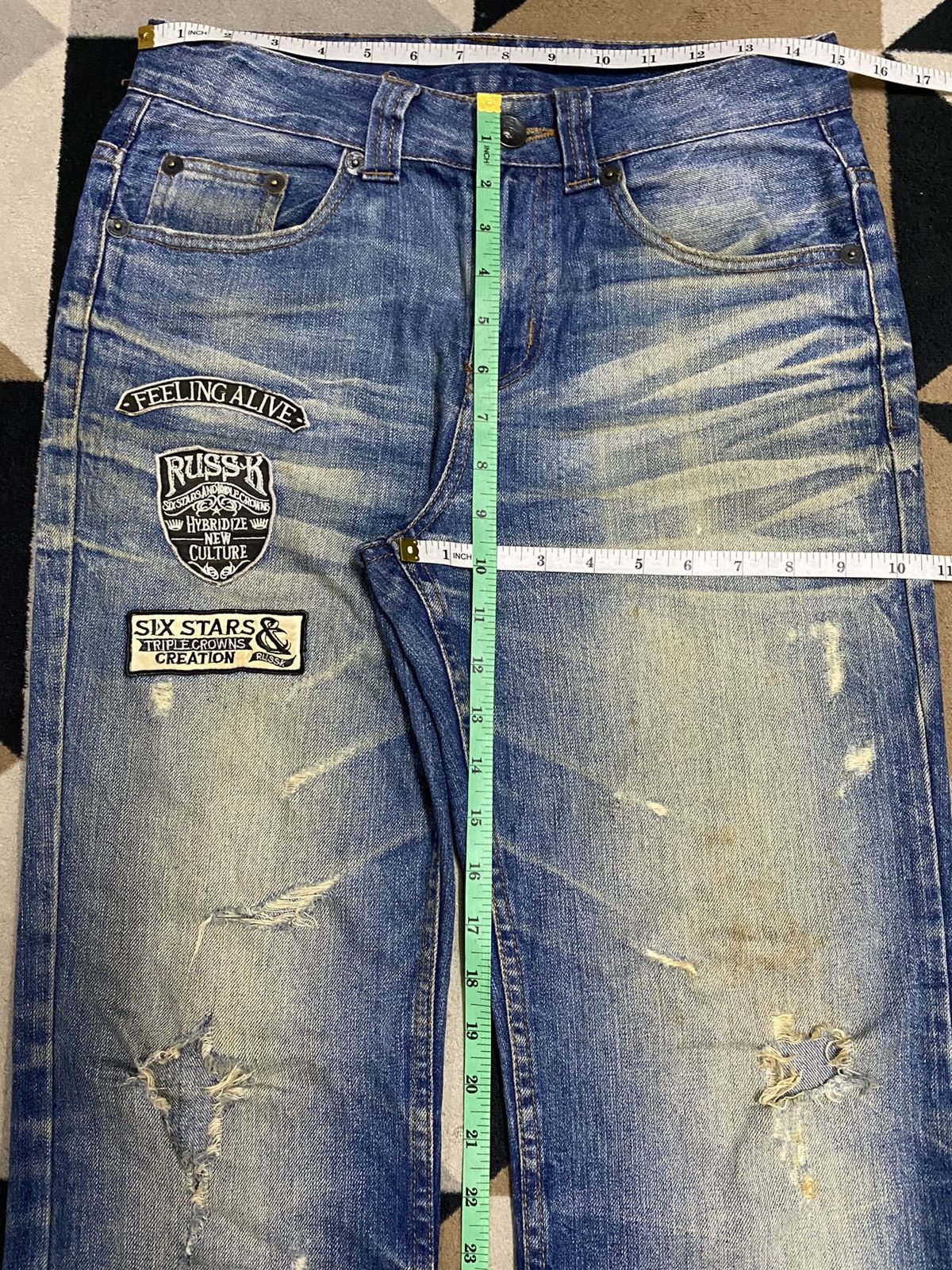 Japanese Brand Vintage Japanese Ruskk Whisker Patched Blue Wash Loose Jeans Size US 30 / EU 46 - 22 Thumbnail