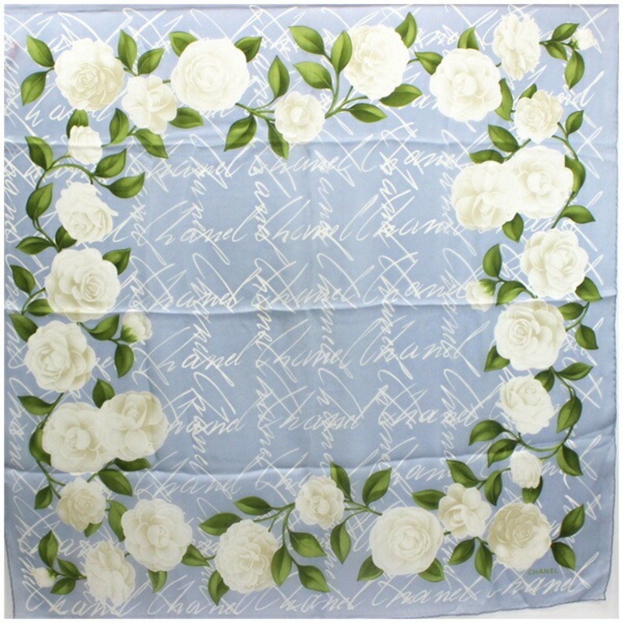 image of Chanel Silk Scarf Muffler Camellia Pattern Chiffon Light Blue Ladies, Women's