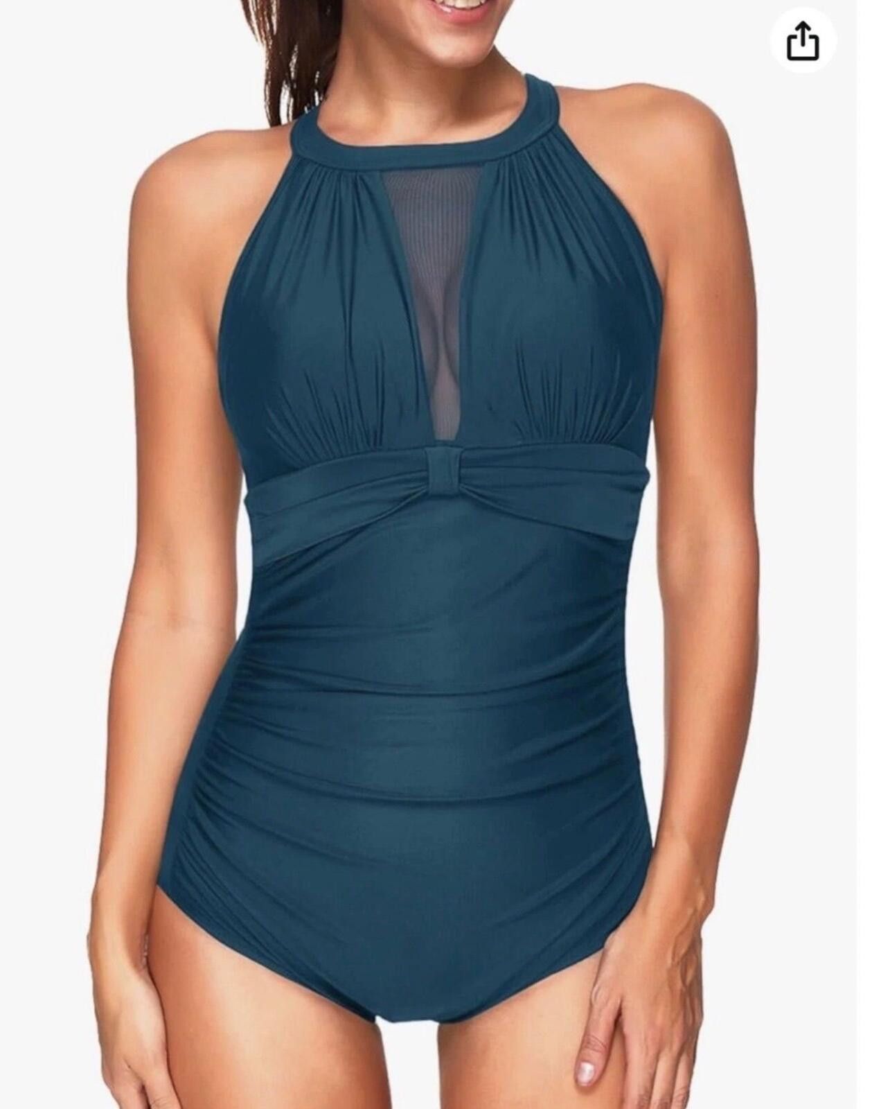 Other Chic Tummy Control High Neck Mesh One Piece Swimsuit Teal Size ONE SIZE - 1 Thumbnail