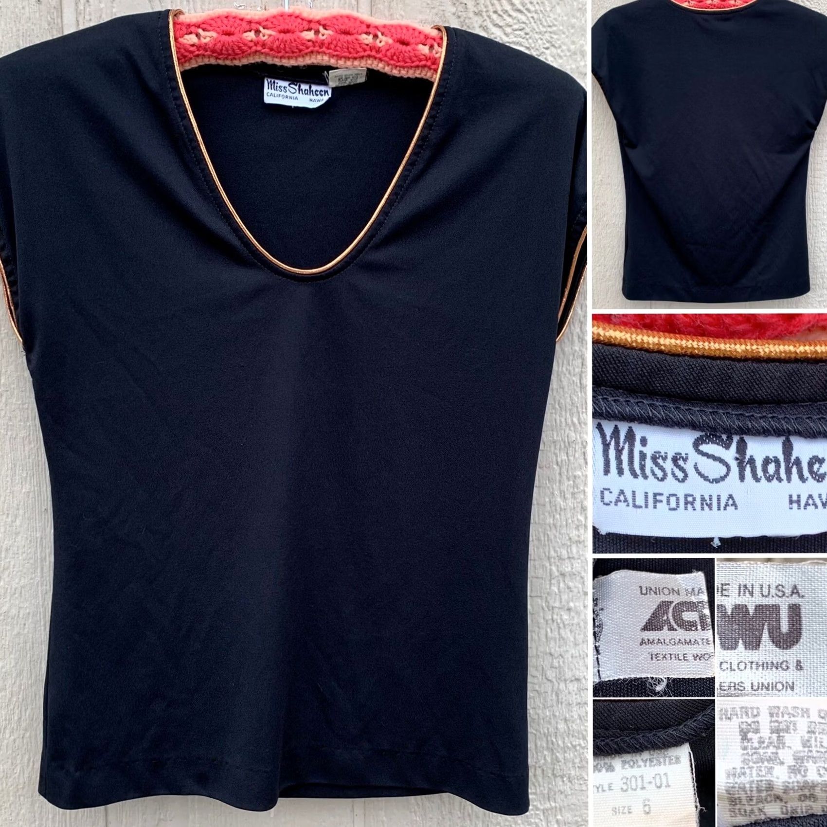 Vintage VINTAGE Miss Shaheen California Hawaii Style 301-01 Polyester V Neck Top Tee 6 Black Womens Shirt 1970s USA Size M / US 6-8 / IT 42-44 - 2 Thumbnail