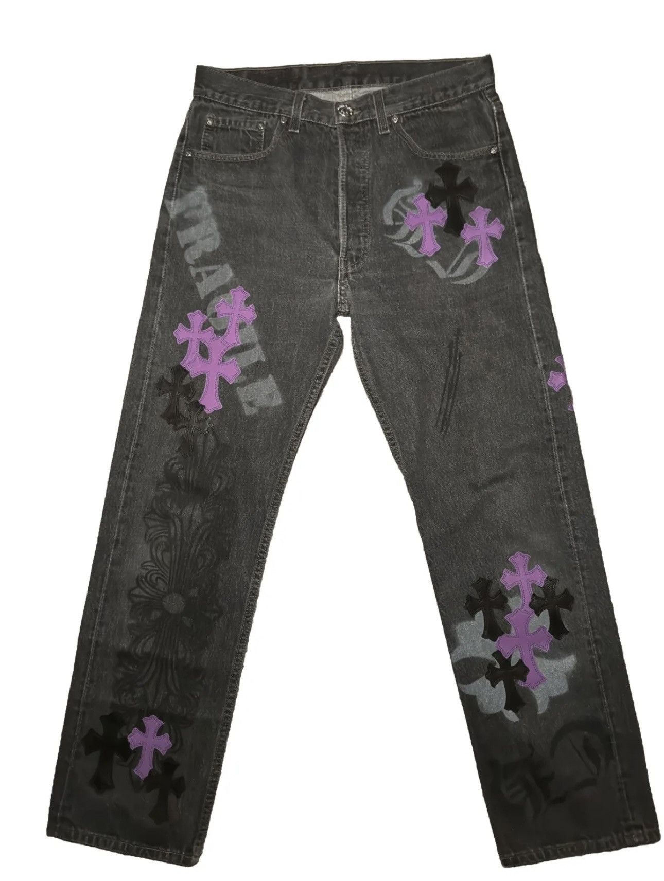 image of Chrome Hearts Stencil Vintage Levi’S W/ Cross Patches Size 30 in Black, Men's