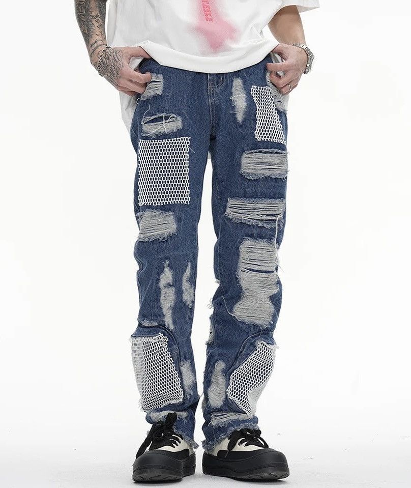 image of Vintage Ripped Straight Frayed Loose Harajuku Style With Scuffs in Blue, Men's (Size 32)