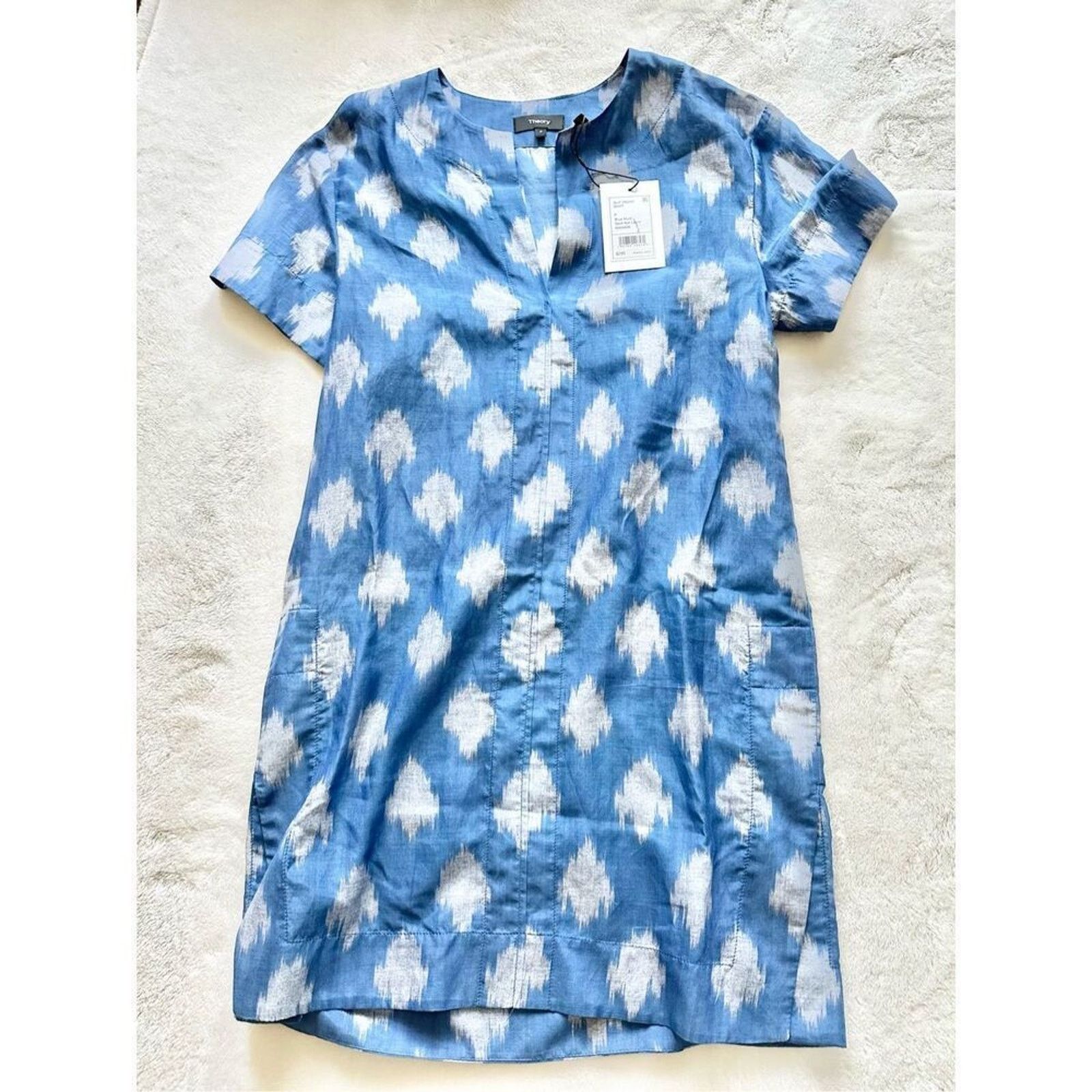 Theory Theory Slit Front Sheer Tunic Dress Blue Gray Ikat Pattern Size XS / US 0-2 / IT 36-38 - 4 Thumbnail