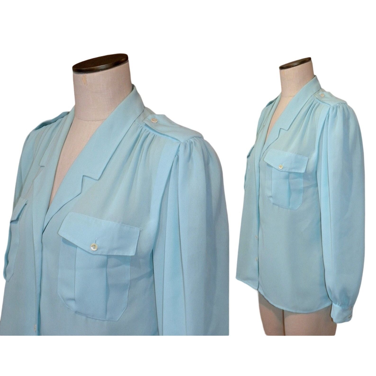 Vintage 90s Y2K Semi Sheer Turquoise Blouse w Epaulettes CHAUS | S Size S / US 4 / IT 40 - 3 Thumbnail