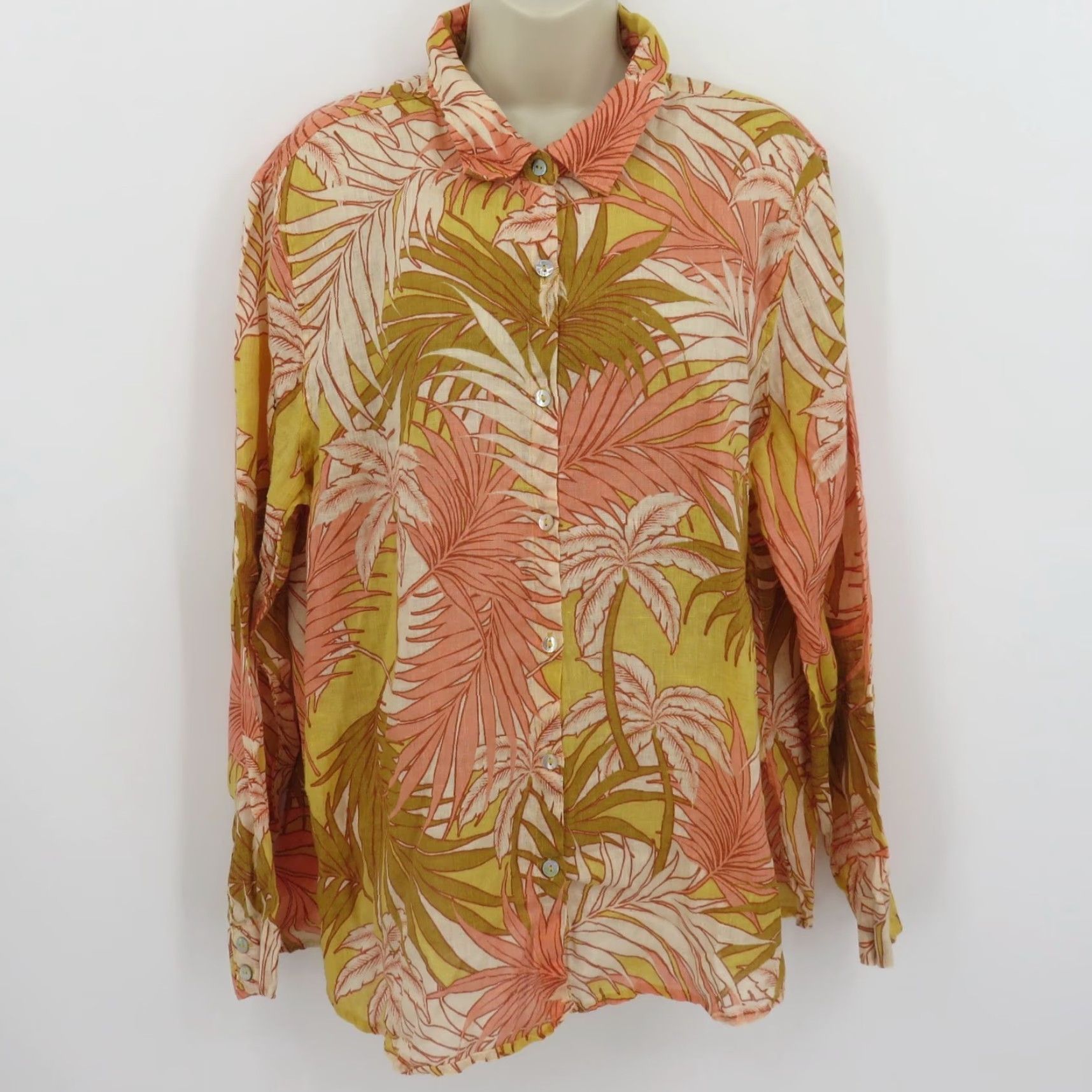 Vintage Tahari Shirt Women's XL Orange Linen Collared Button Long Sleeve Tropical Floral Autumn Spring Summer Winter Holiday Workwear Dressy Casual Size XL / US 12-14 / IT 48-50 - 8 Thumbnail