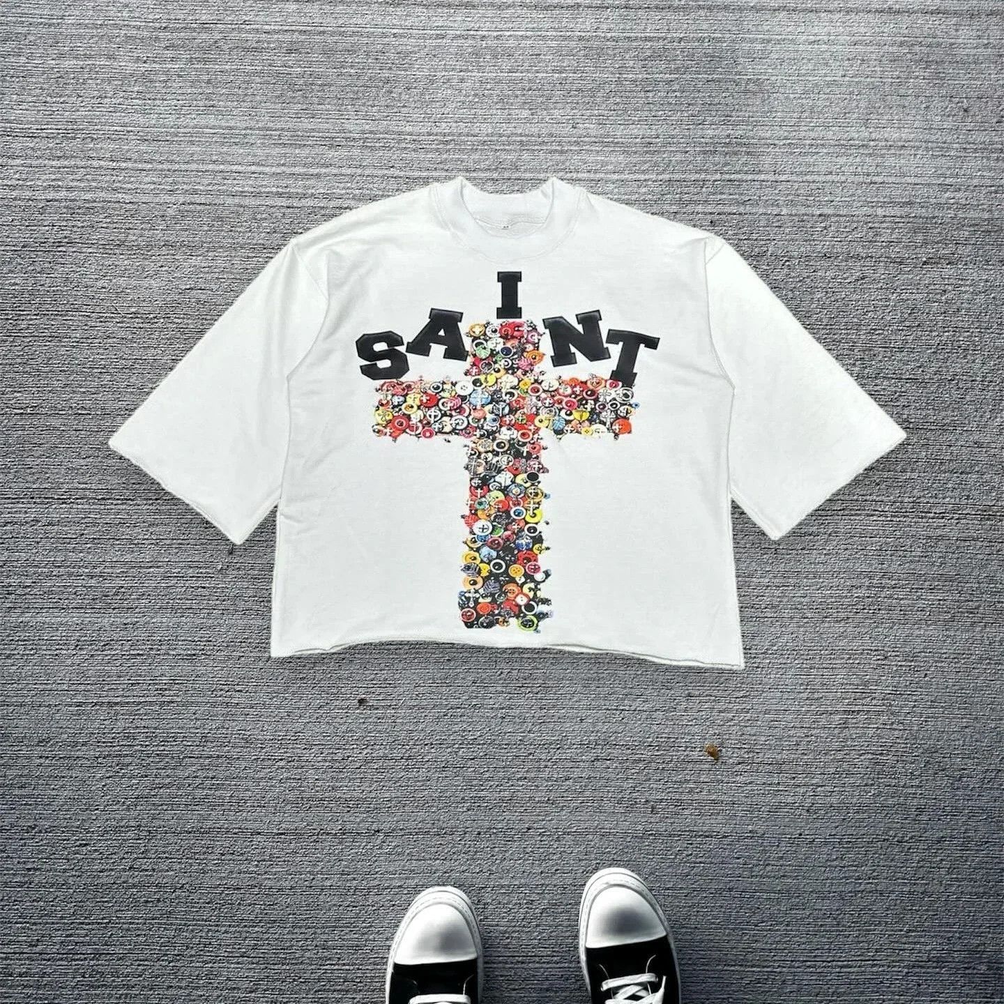 Vintage White Cross Print Gothic Tee Size US L / EU 52-54 / 3 - 1 Thumbnail
