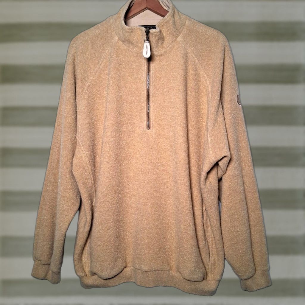 CLOT VINTAGE Straight Down Fleece Jacket Men XL Tan Pullover 1/4 Zip 1/4 Zip Stand-Up Collar Casual Winter USA Made Beige/Tan Terr y Cloth Cotton Blend Size US XL / EU 56 / 4 - 1 Thumbnail