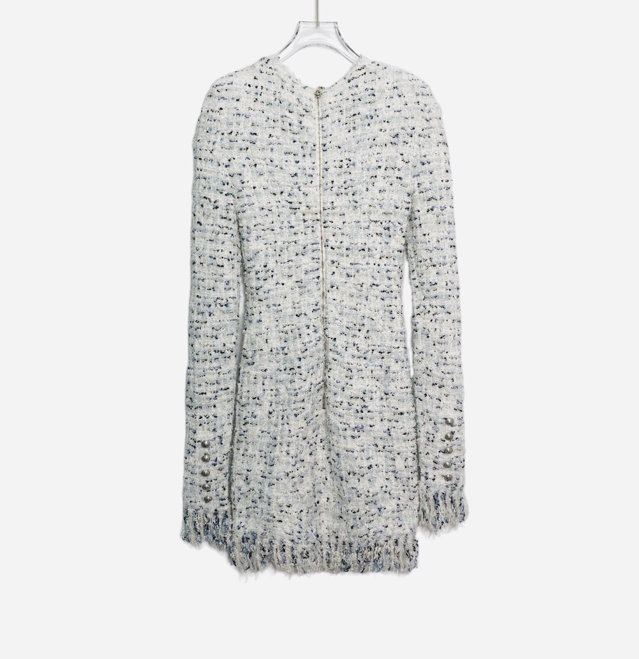 Balmain Balmain Blue & White Tweed Fringe Slim Fit Dress K26WX Size XS / US 0-2 / IT 36-38 - 2 Thumbnail