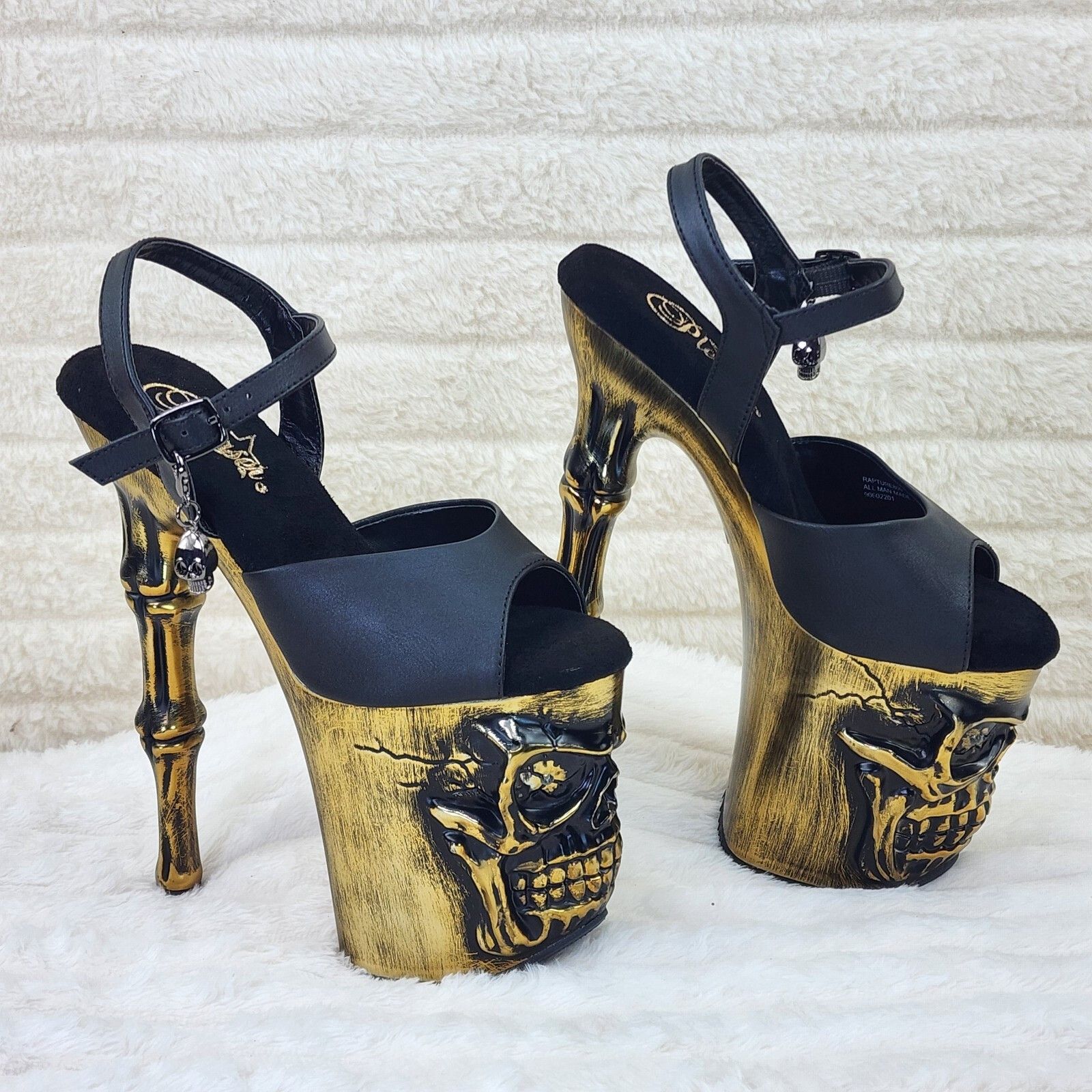 Other Rapture Black Matte Gold Brass Skull & Bones 8" High Heel Pl Size US 9 / IT 39 - 2 Thumbnail