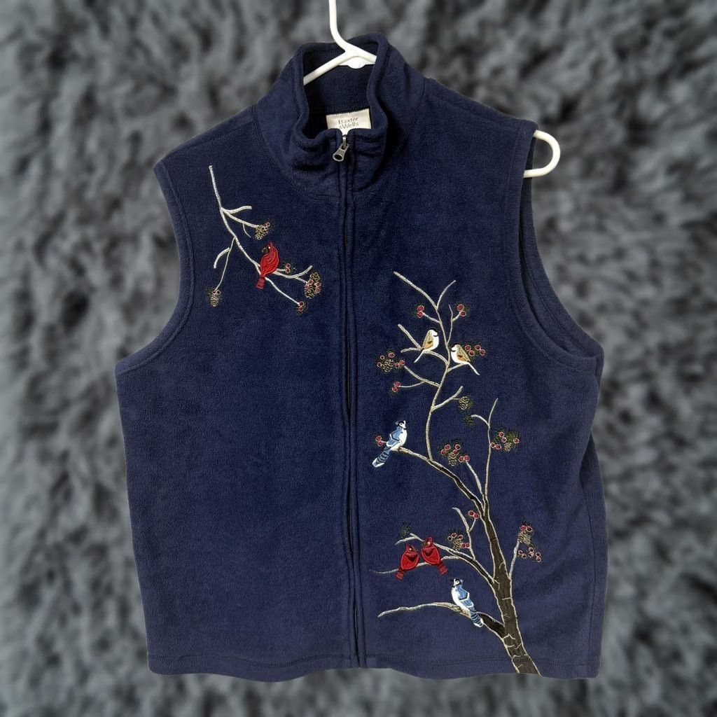 Vintage Baxter & Wells Vest L Fleece Bird Coastal Grandmacore Outdoorsy Woodland Nature Women Sleeveless Blue Zip Front Pockets Embroidered Size L / US 10 / IT 46 - 1 Thumbnail