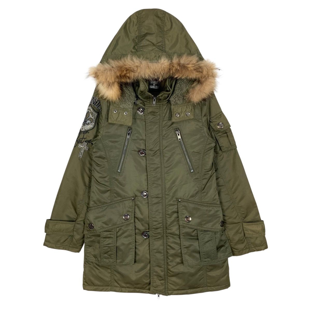 Vintage Ghost Of Harlem Parka Jacket FauxFur Hoodie Military