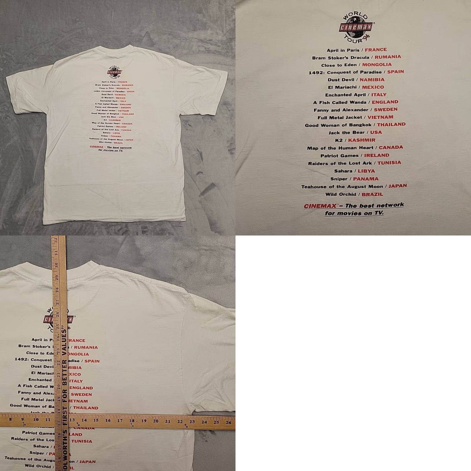 Vintage VINTAGE Cinemax World Tour 94 Shirt Mens XL White Globe Retro Movie Made In The USA Shirt Mens XL White Globe Movie USA Size US XL / EU 56 / 4 - 8 Thumbnail