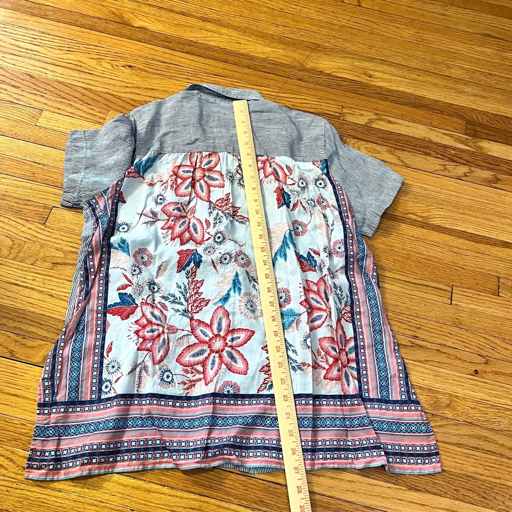 J. Jill J.Jill Shirt Womens Medium Floral Back Striped Linen Cotton Short Sleeve Boho Blue Button-Up Shirts M Womens Size M / US 6-8 / IT 42-44 - 5 Thumbnail