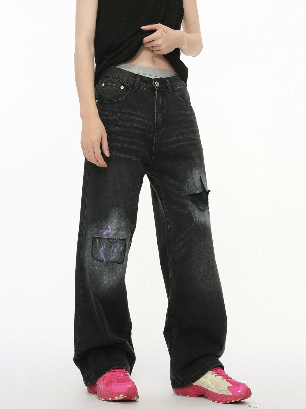 Japanese Brand Men's patched ripped straight-leg black jeans Size US 32 / EU 48 - 3 Thumbnail