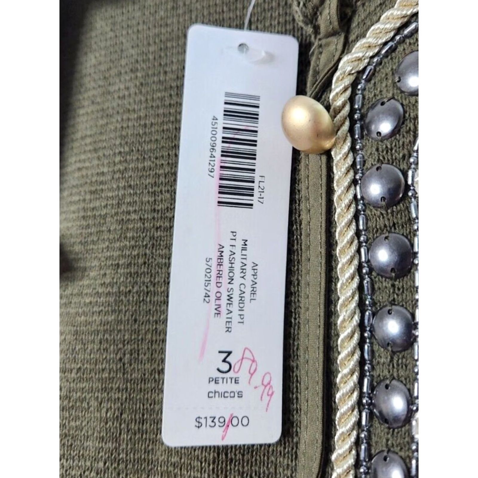 Vintage Chicos Women's Sweater Cardigan 3/4 Sleeve Petite Olive Green Embroidered Beaded Size XS / US 0-2 / IT 36-38 - 8 Thumbnail