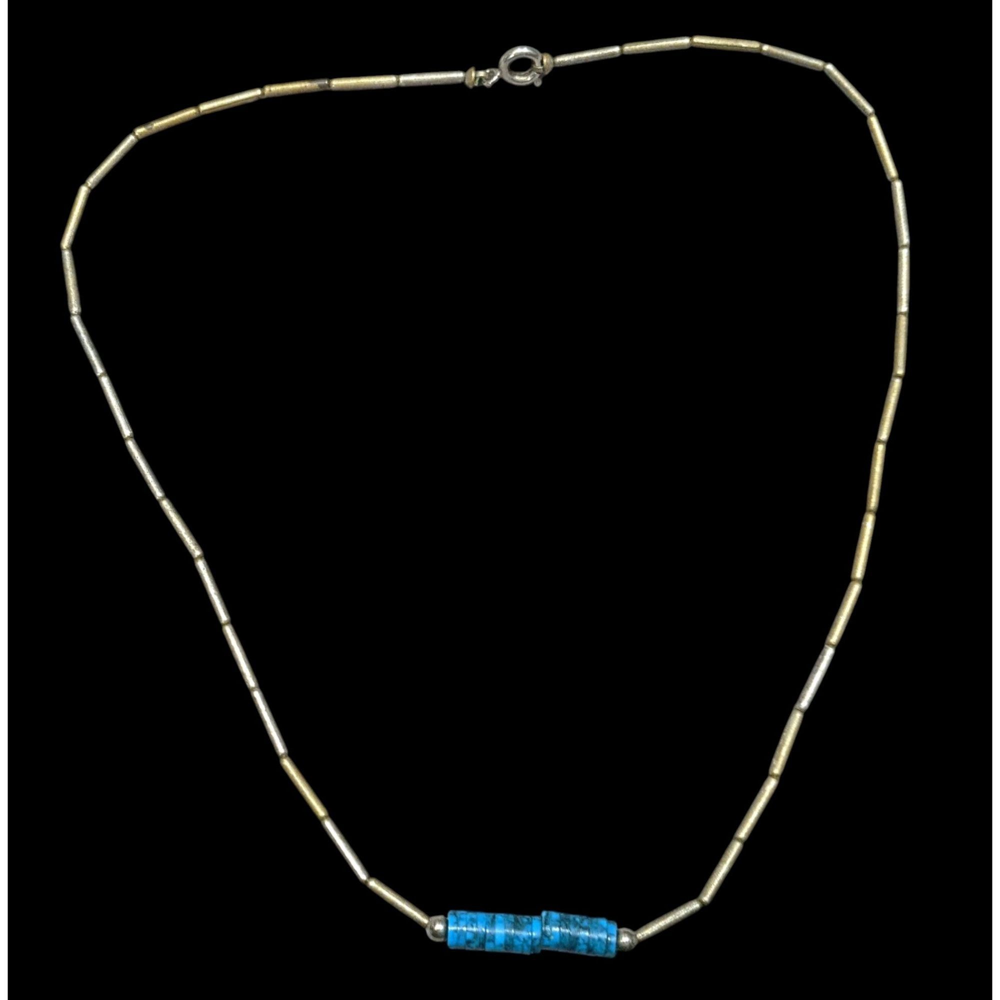 Handmade Vintage Native Liquid Silver And Turquoise Beaded Necklace Size ONE SIZE - 1 Thumbnail