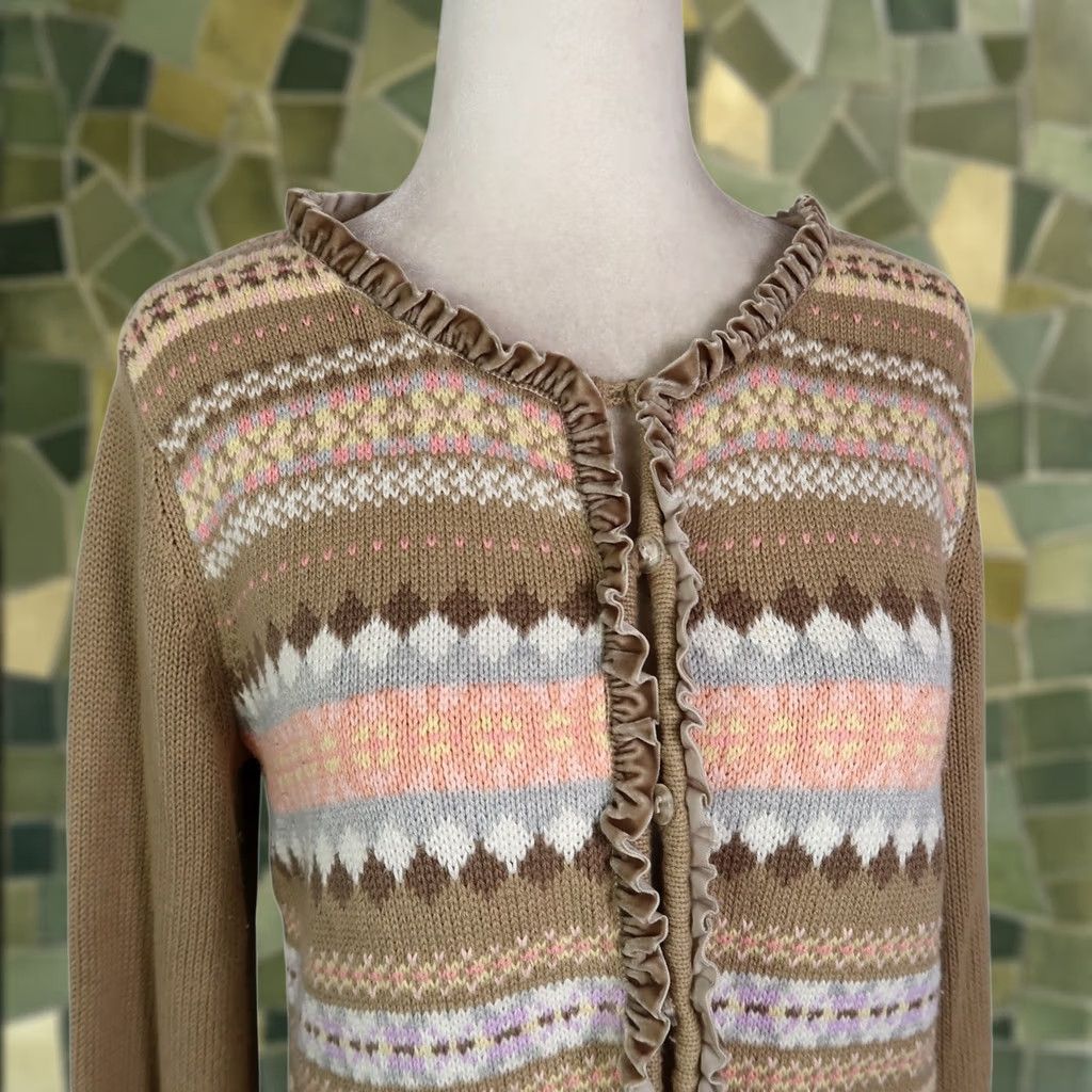 Liz Claiborne VINTAGE 90s Liz Claiborne Cardigan Sweater Fair Isle Geometric Tan M Women Long Sleeve Knit oversized? Size M / US 6-8 / IT 42-44 - 1 Thumbnail