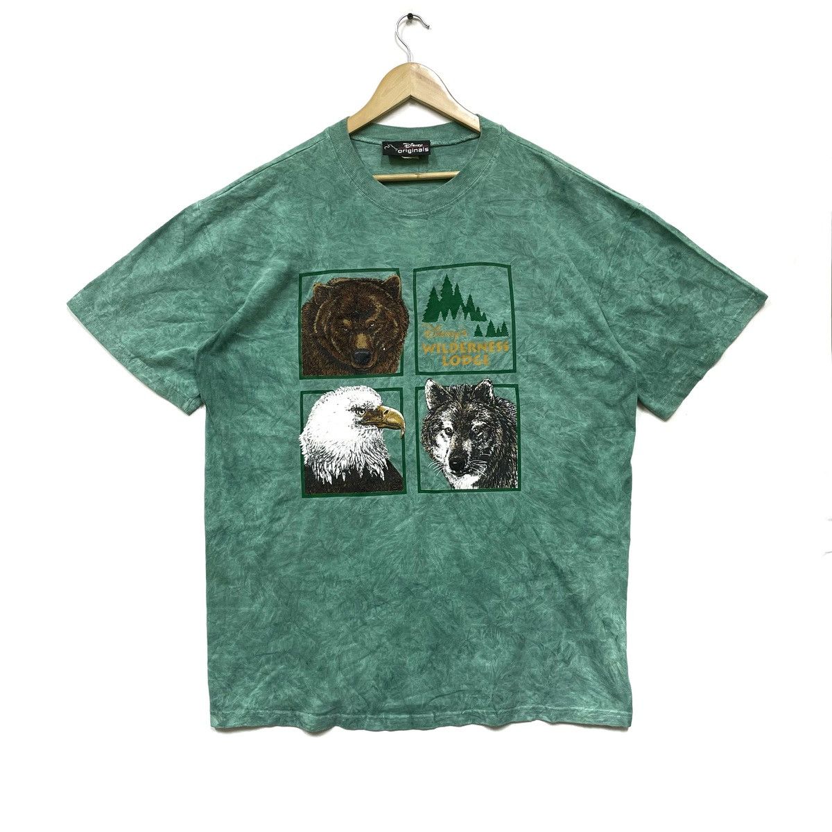 image of Vintage 90's Disney Wilderness Lodge Eagle Bear Wolf in Green Smoke, Men's (Size XL)