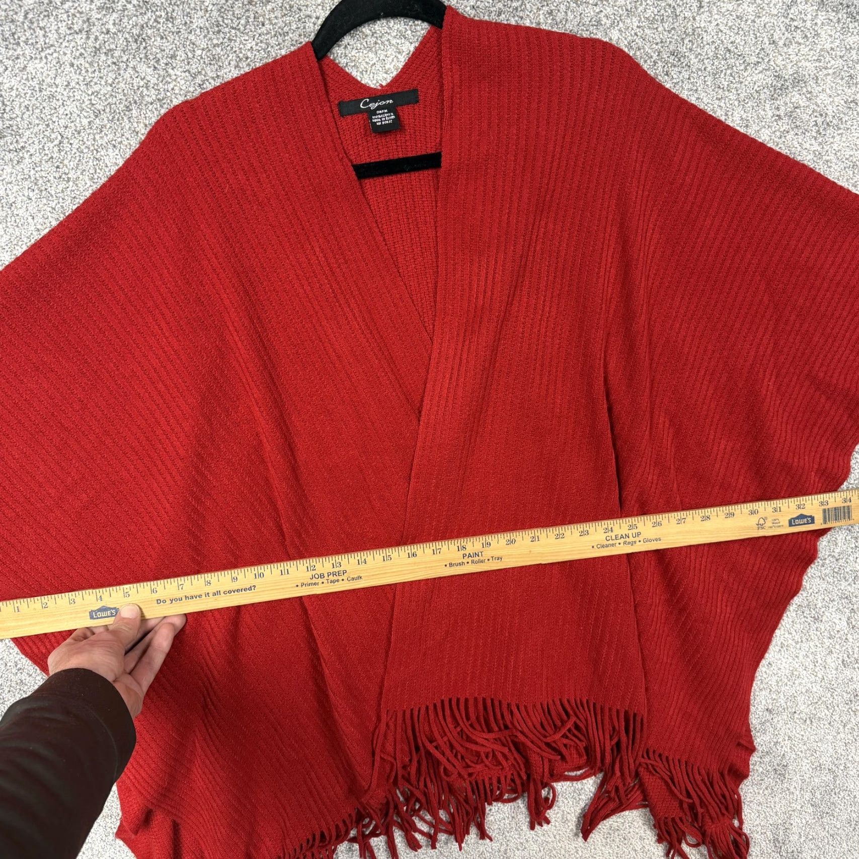 Vintage Cejon Cape Sweater One Size Red Open Front VNeck Fringe Boho Cozy Cape Knit Kimono Sleeve Bohemian Women's Sweater Casual Fall Winter OSFM Size ONE SIZE - 3 Thumbnail