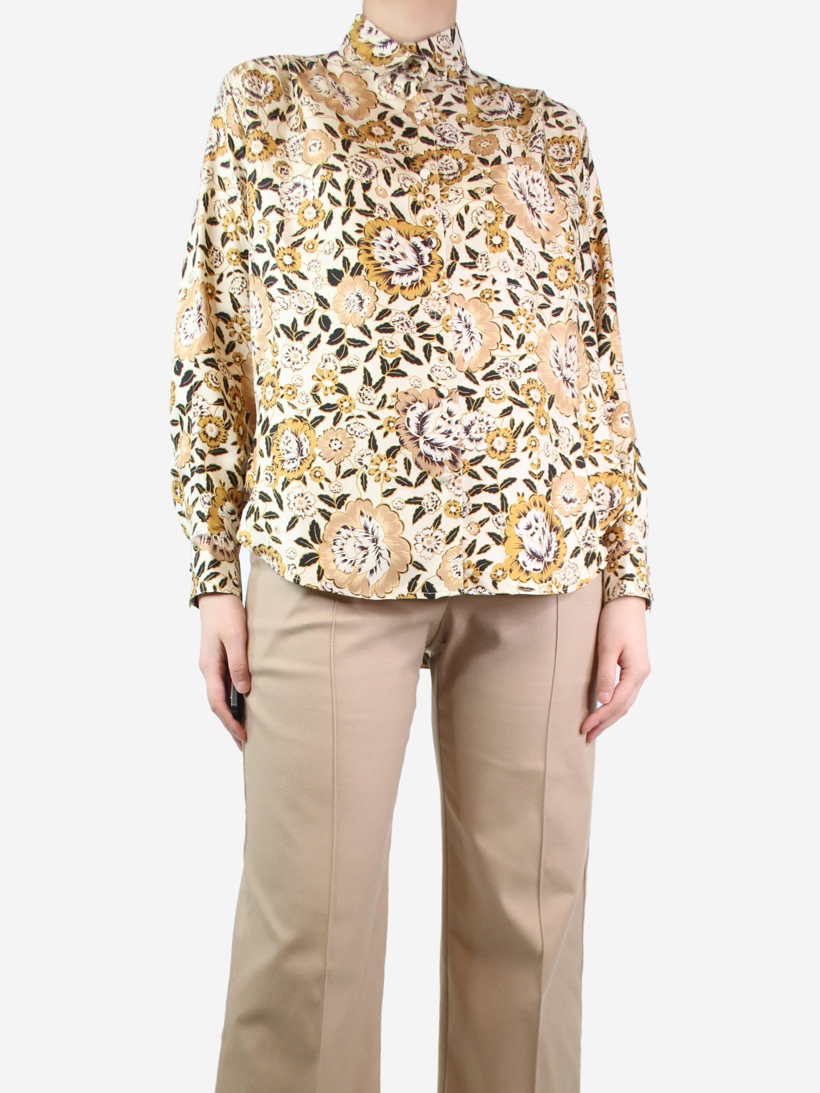 image of Etro Cream And Brown Silk Floral Blouse - Size Uk 8, Women's