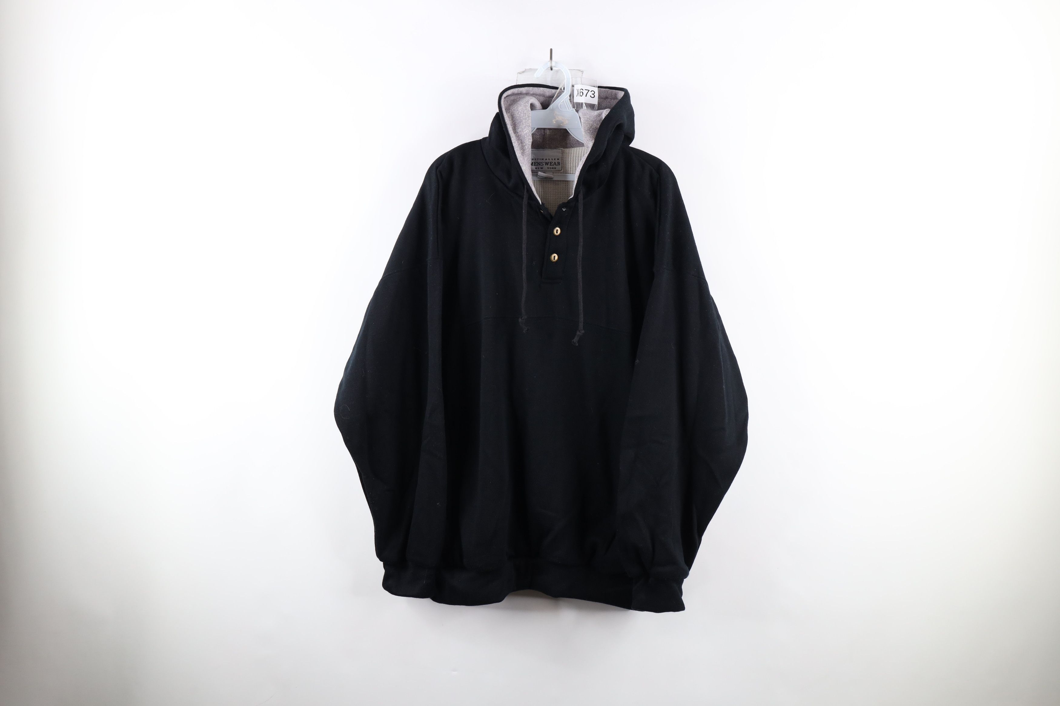 image of Vintage 90's Streetwear Waffle Knit Lined Henley Hoodie Black, Men's (Size XL)