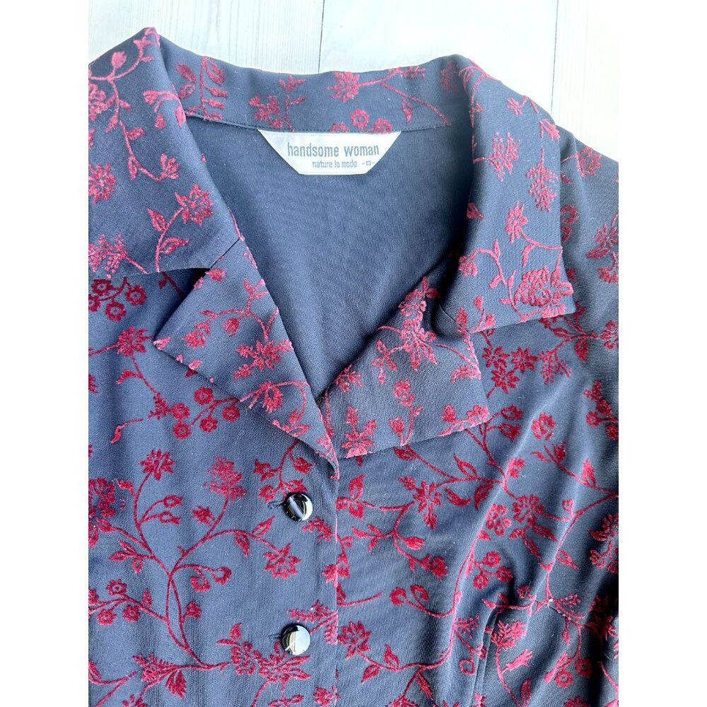 Vintage Vintage Velvet Floral Dress "Handsome Woman" Black with Red Size XL / US 12-14 / IT 48-50 - 2 Thumbnail
