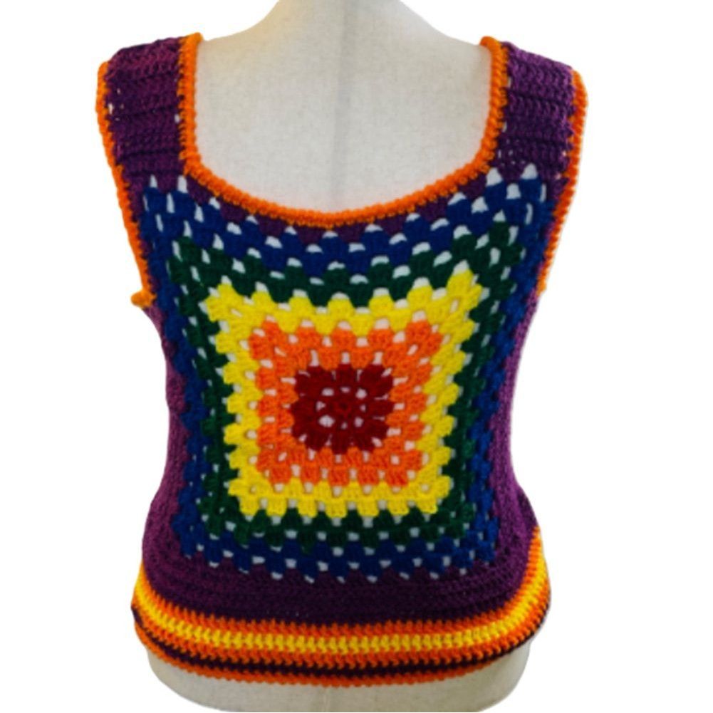 Handmade Crochet Vest Tank Top Retro 70's Hippie Granny Square Rib Ti Size ONE SIZE - 5 Thumbnail