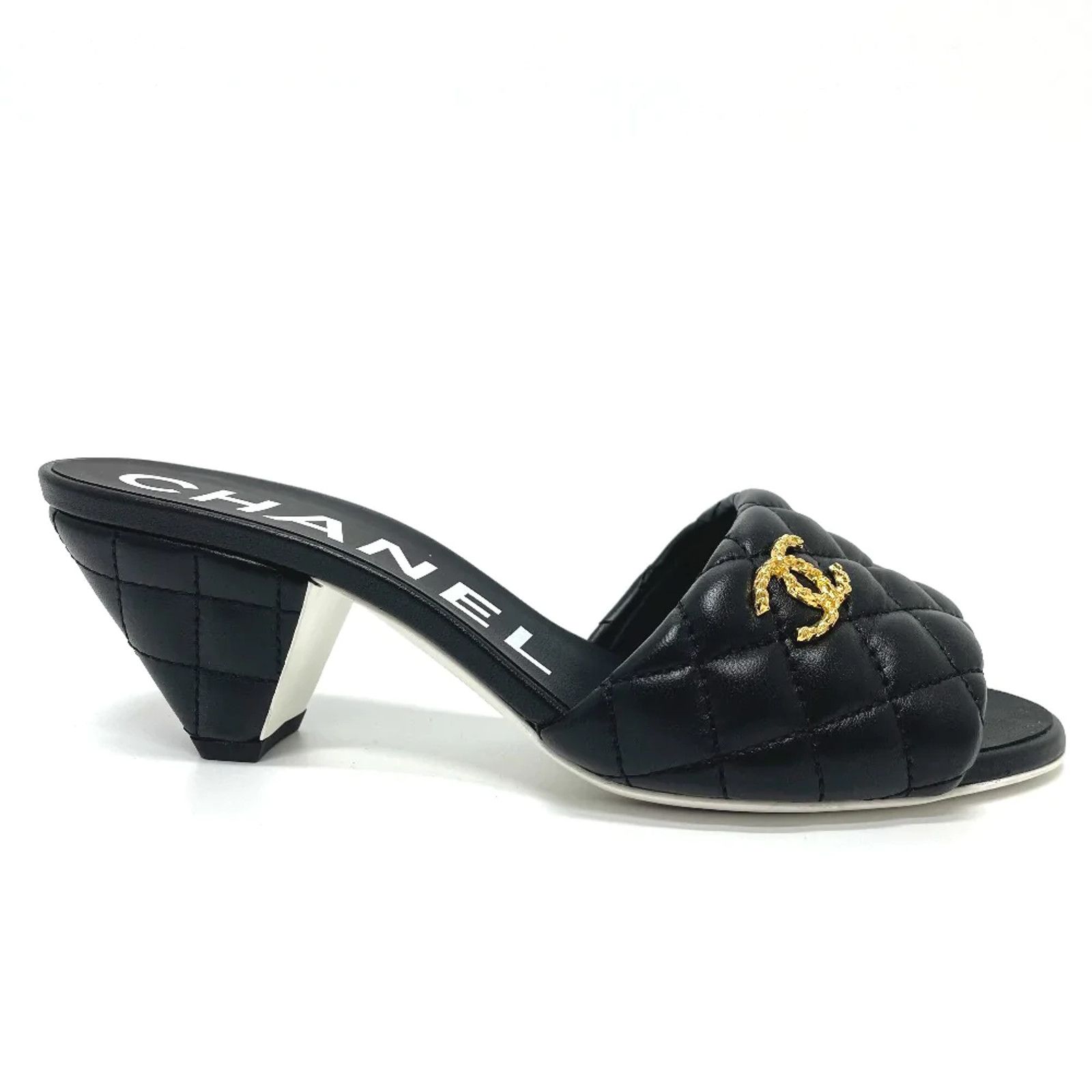 Chanel REV Quilted CC Gold Logo Cone Heel Mule Slide Sandal 39 Size US 9 / IT 39 - 1 Thumbnail
