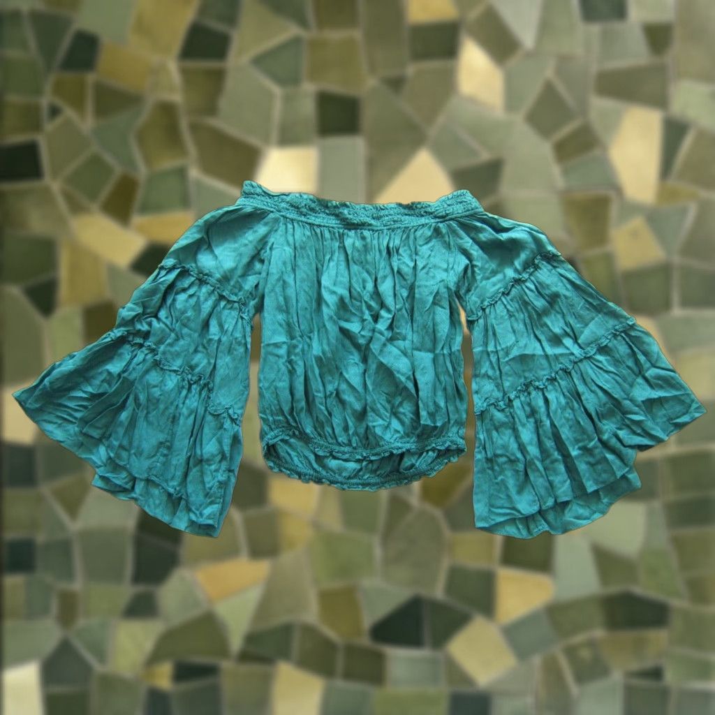 Free People Free People Blouse Shirt Green Off Shoulder Cropped XS Women's 3/4 Sleeve Flare Rayon Peasant 90s Decade Size XS / US 0-2 / IT 36-38 - 1 Thumbnail