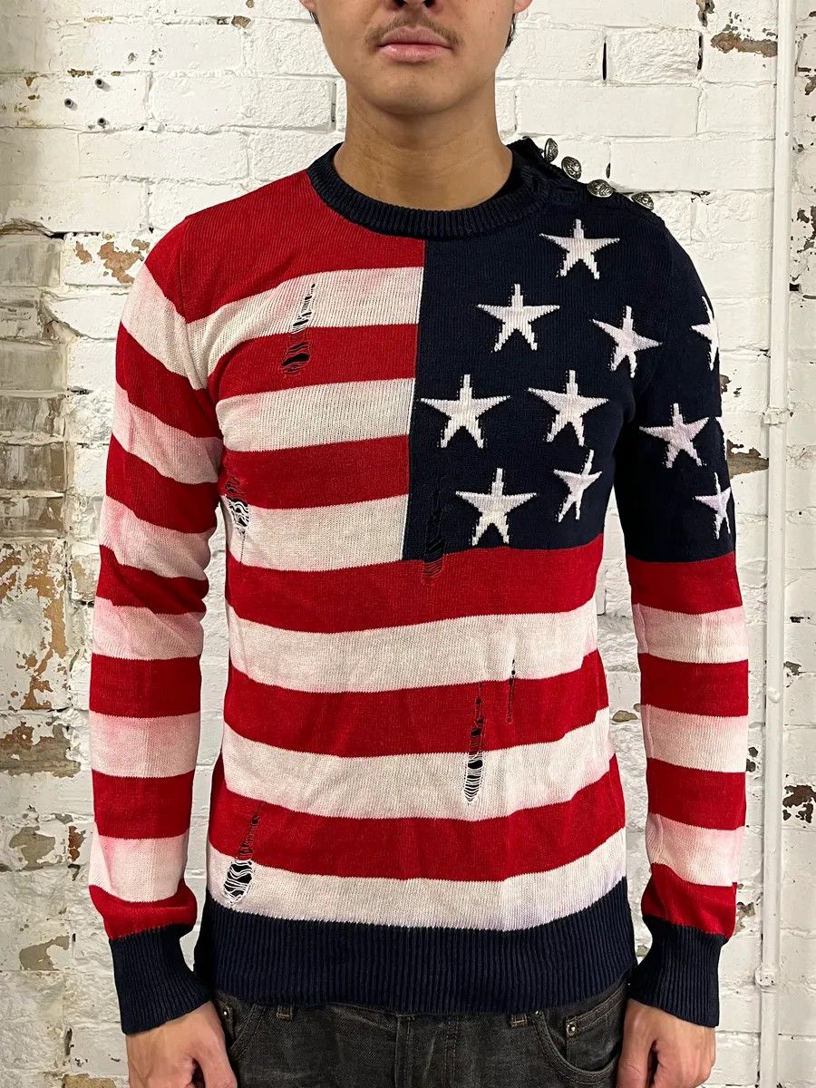 Balmain SS2016 Balmain USA Flag Distressed Buttoned Sweater Size US S / EU 44-46 / 1 - 2 Thumbnail