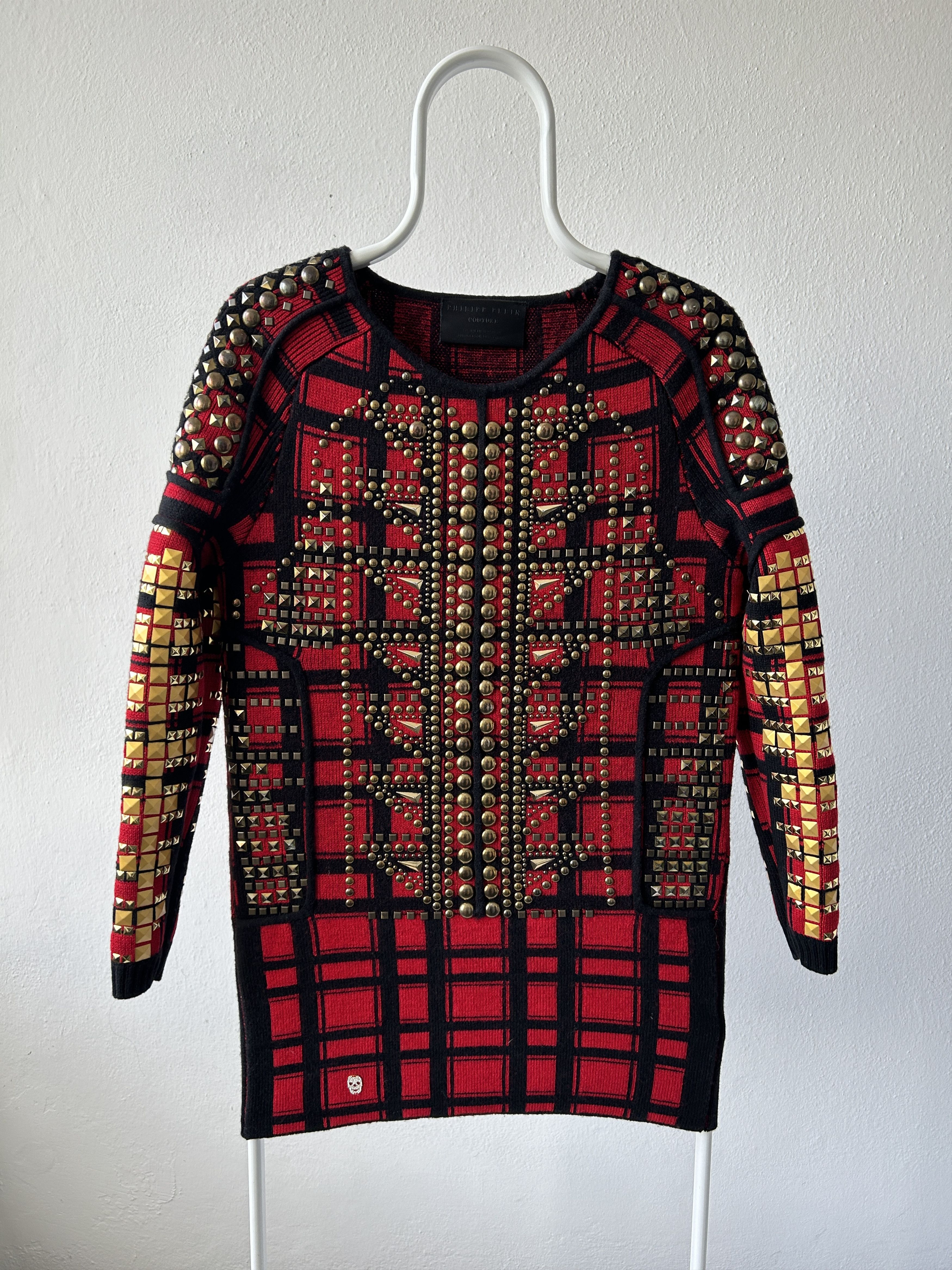 AW14 runway Philipp Plein studded check wool knit mini dress
