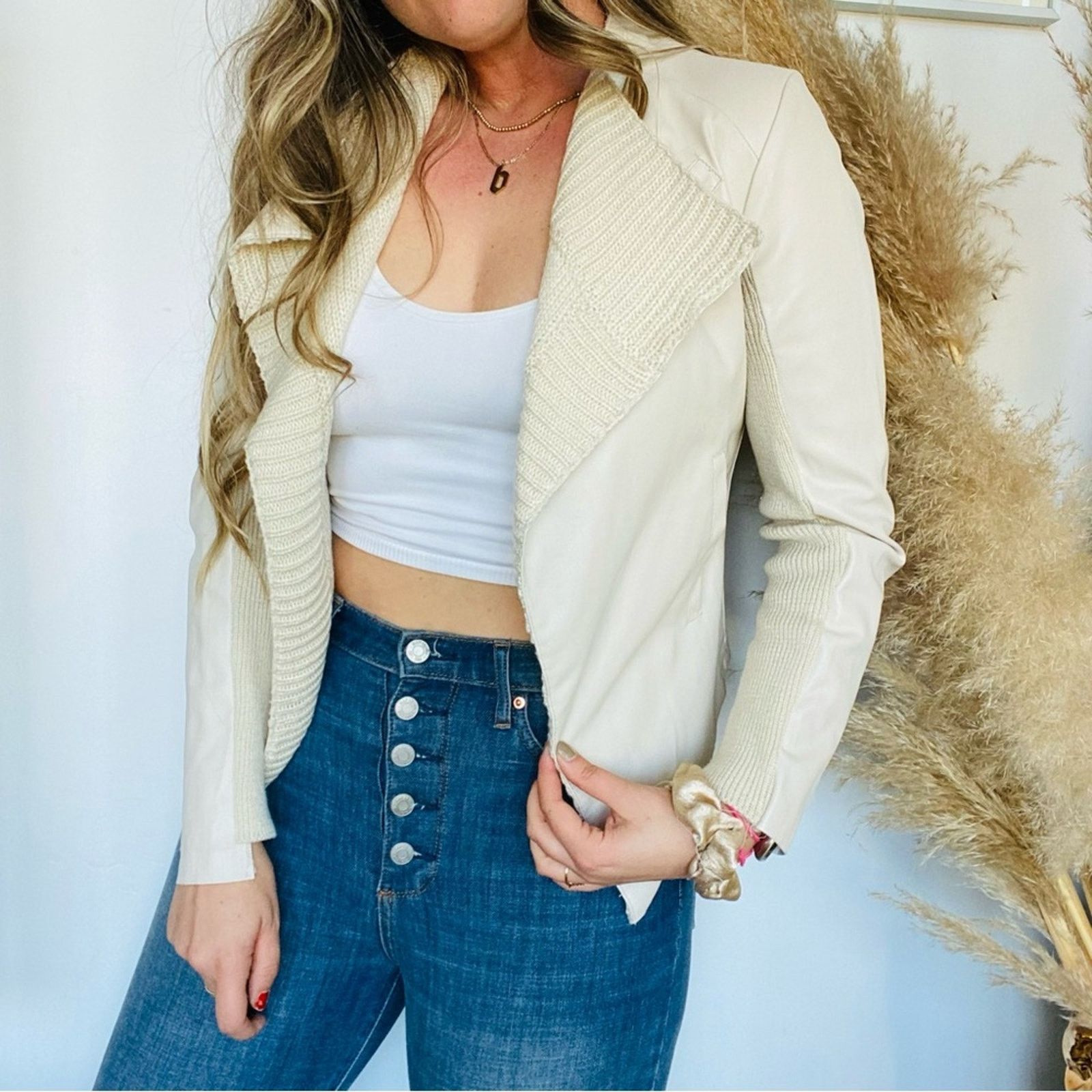 Vintage VINTAGE Cream White Faux Leather Sweater Knit Open Jacket Size S / US 4 / IT 40 - 1 Thumbnail