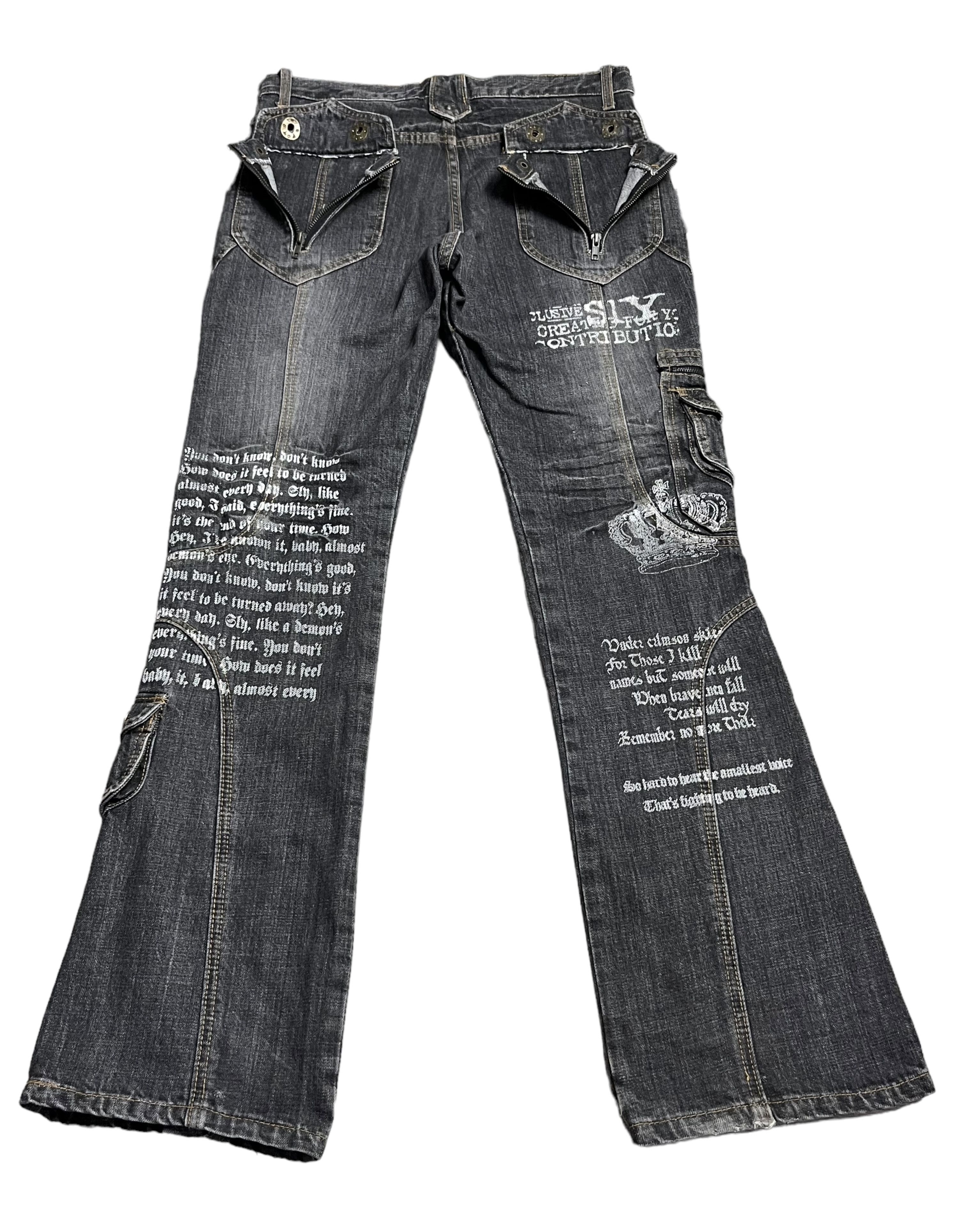 Japanese Brand 🔥EVOLUTION Retro Punk Poems Multipocket Flare Denim Jeans Size US 31 - 3 Thumbnail