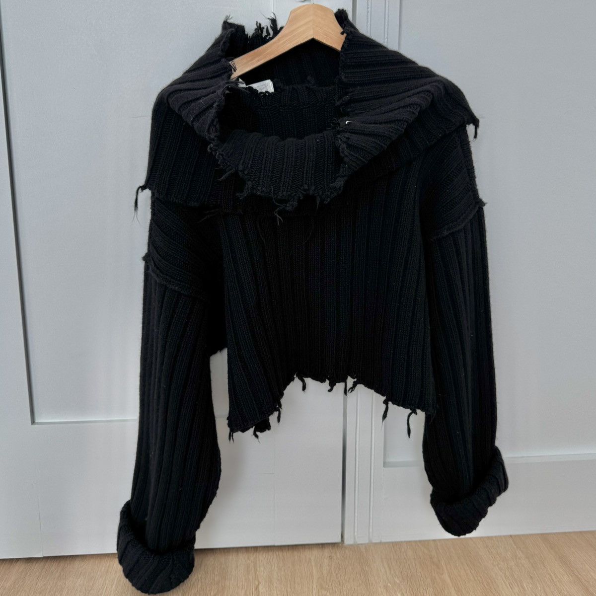 Japanese Brand PERVERZE Wool Black Turtleneck Cropped Sweater Raw Edges Size ONE SIZE - 1 Thumbnail