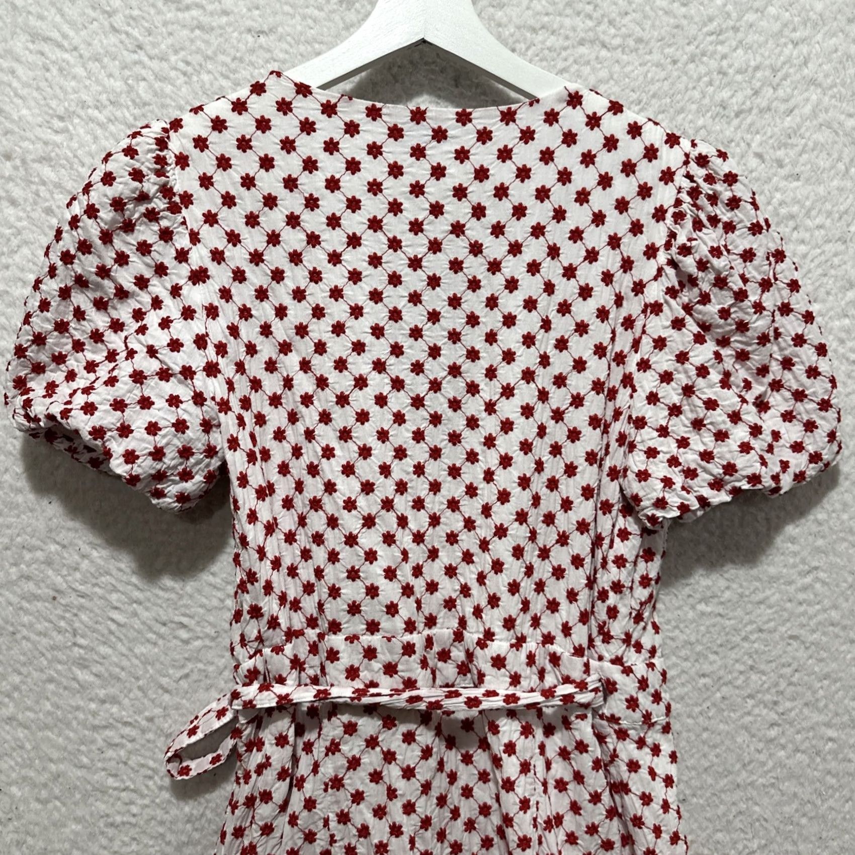 Vintage Draper James Wrap Dress Women’s L Red Floral Embroidery Puff Sleeve Cottagecore Size L / US 10 / IT 46 - 6 Thumbnail