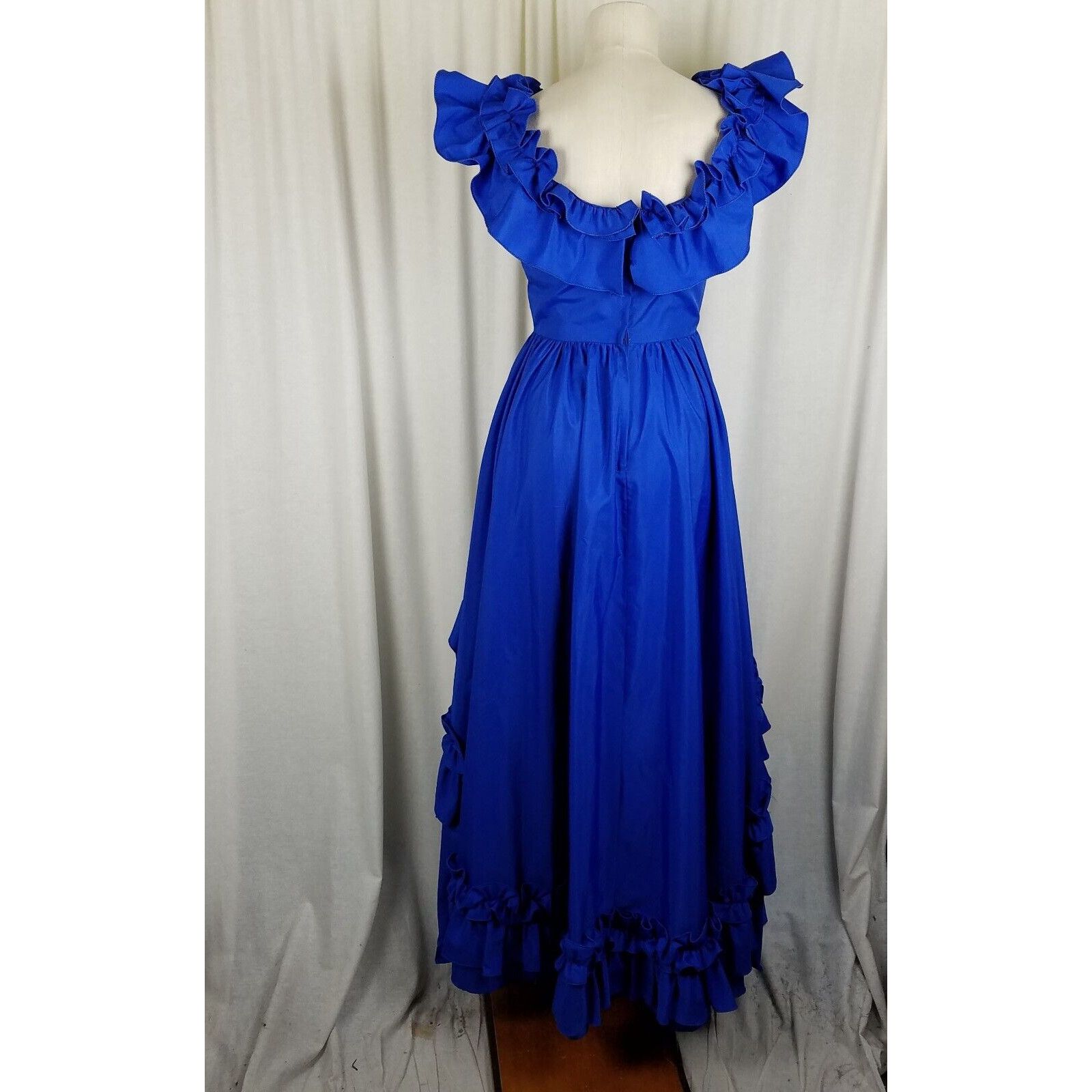 Vintage 70s 80s Royal Blue Ruffled Maxi Full Formal Prom Gown Dress Size L / US 10 / IT 46 - 4 Thumbnail