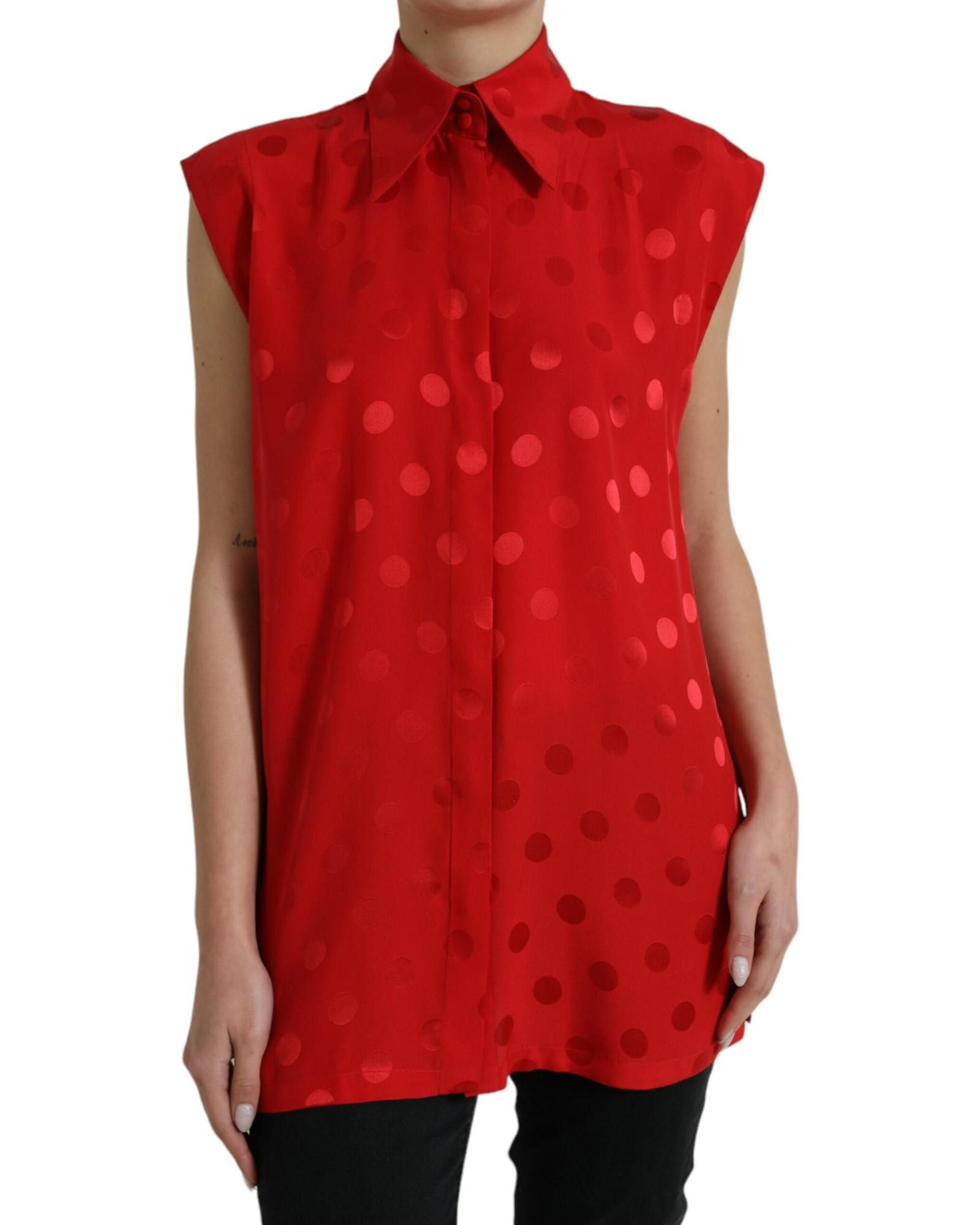 image of Dolce Gabbana Polka Dot Sleeveless Collared Blouse Top, Women's (Size Small)