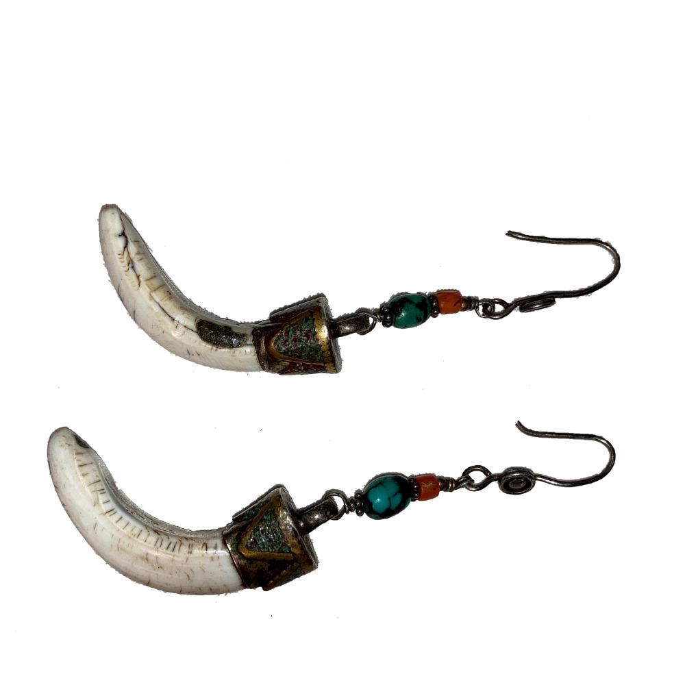 Designer Tibetan Sterling Red Coral Turquoise Shell Tusk Earrings Size ONE SIZE - 4 Thumbnail