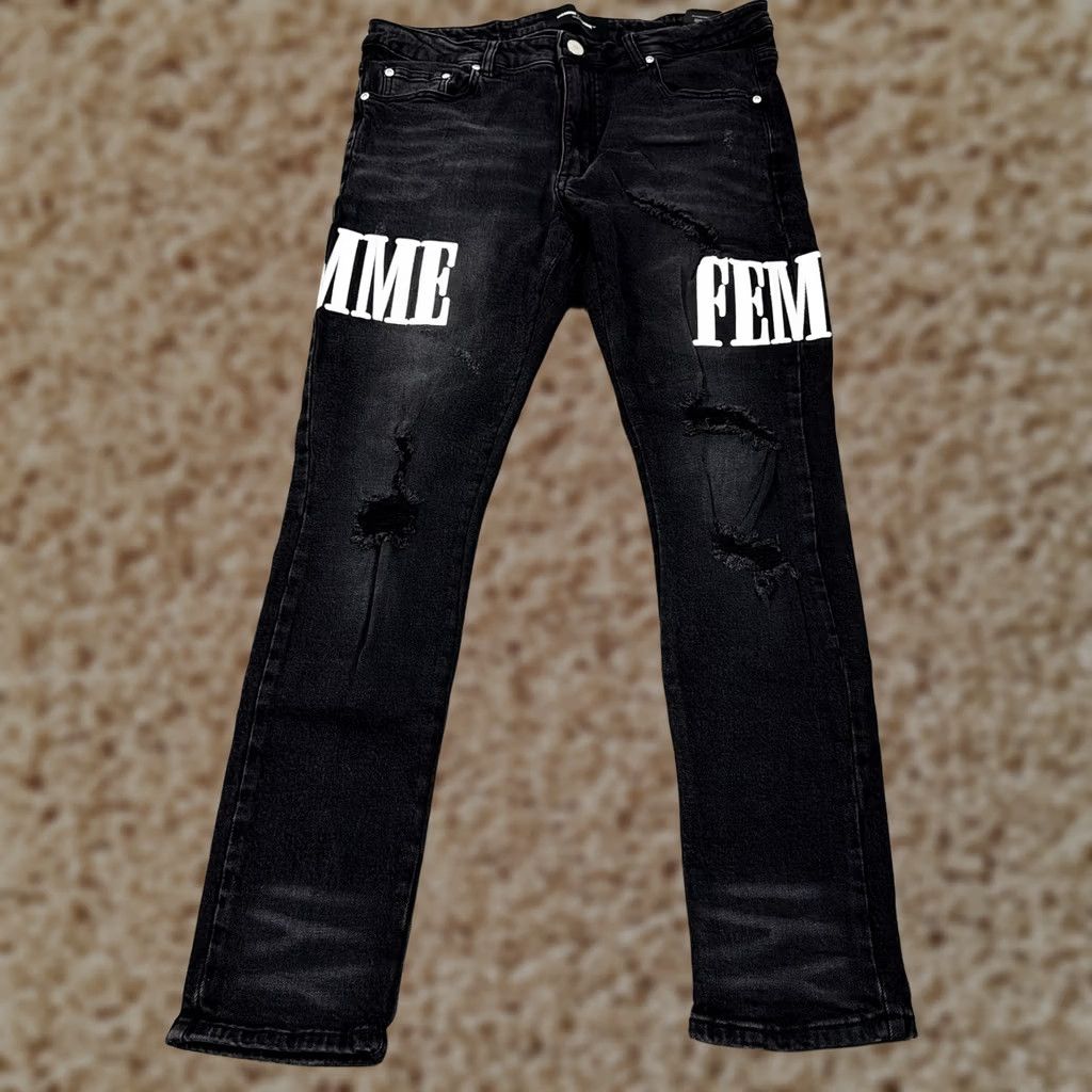 Vintage Homme Femme Patched Distressed Jean Men's Size 34 Black Denim Wear 5-Pocket Regular Rise 10-12in Inseam 30in Charcoal Wash Vintage No Mens Jeans Size US 34 / EU 50 - 1 Thumbnail