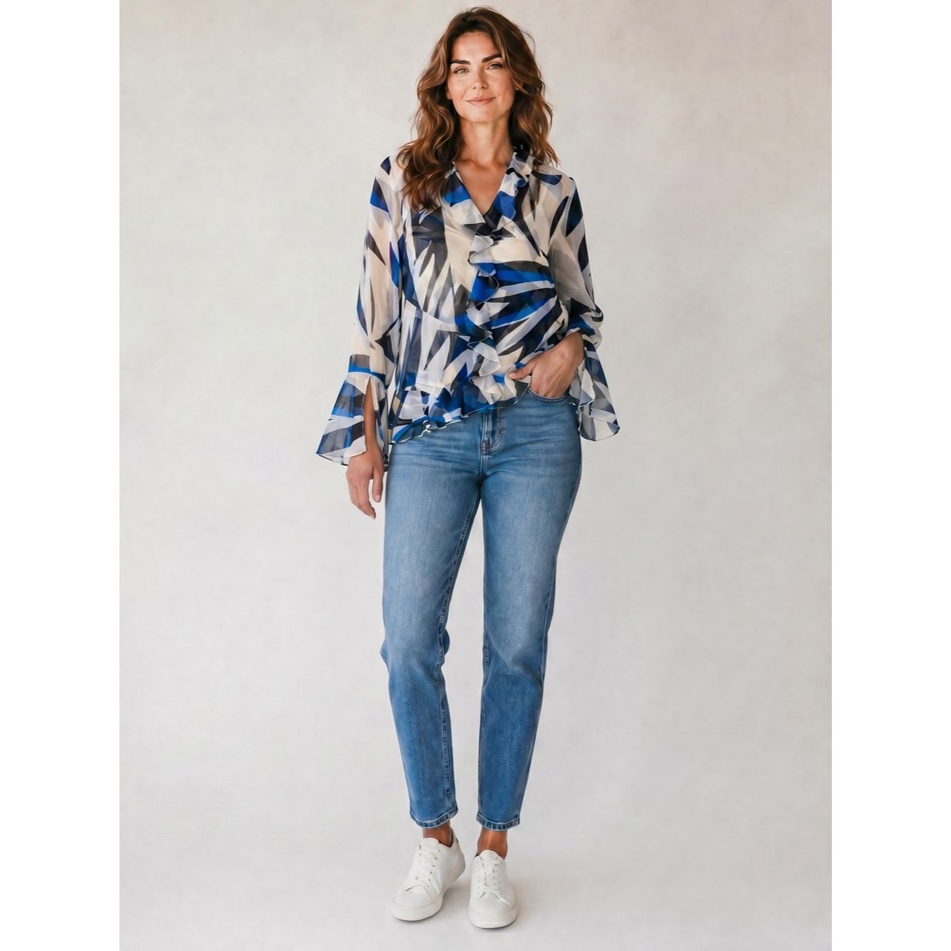 White House Black Market White House Black Market Sheer Abstract Blue and White Ruff Size XS / US 0-2 / IT 36-38 - 1 Thumbnail