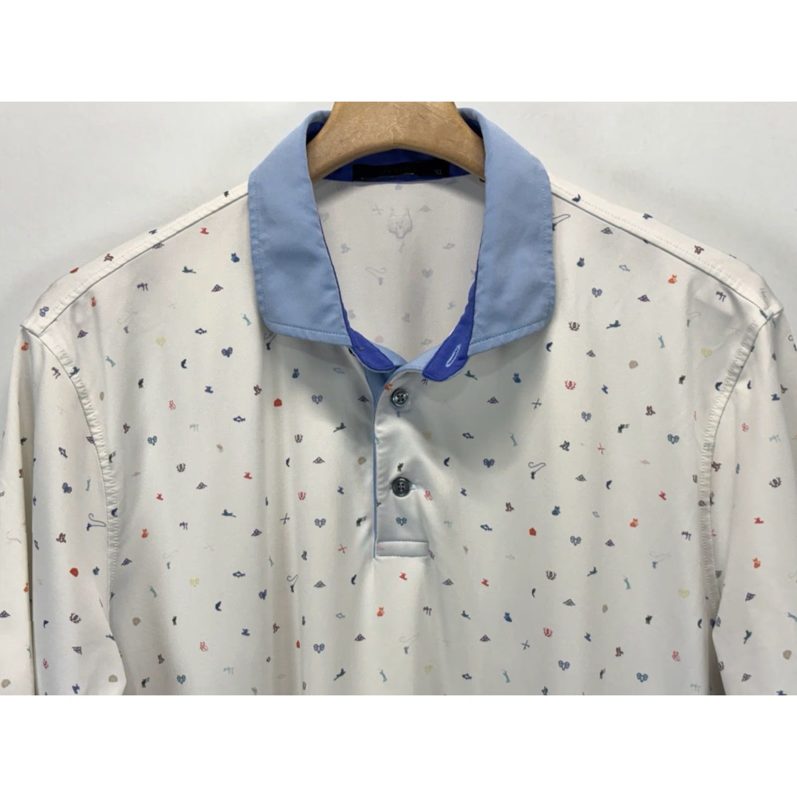 Vintage Greyson Polo Shirt Mens X-Large AOP Performance Golf Fish Birds Moose Ram Ivory Polyester Blend Short Sleeve Collared Sz XL Size US XL / EU 56 / 4 - 2 Thumbnail