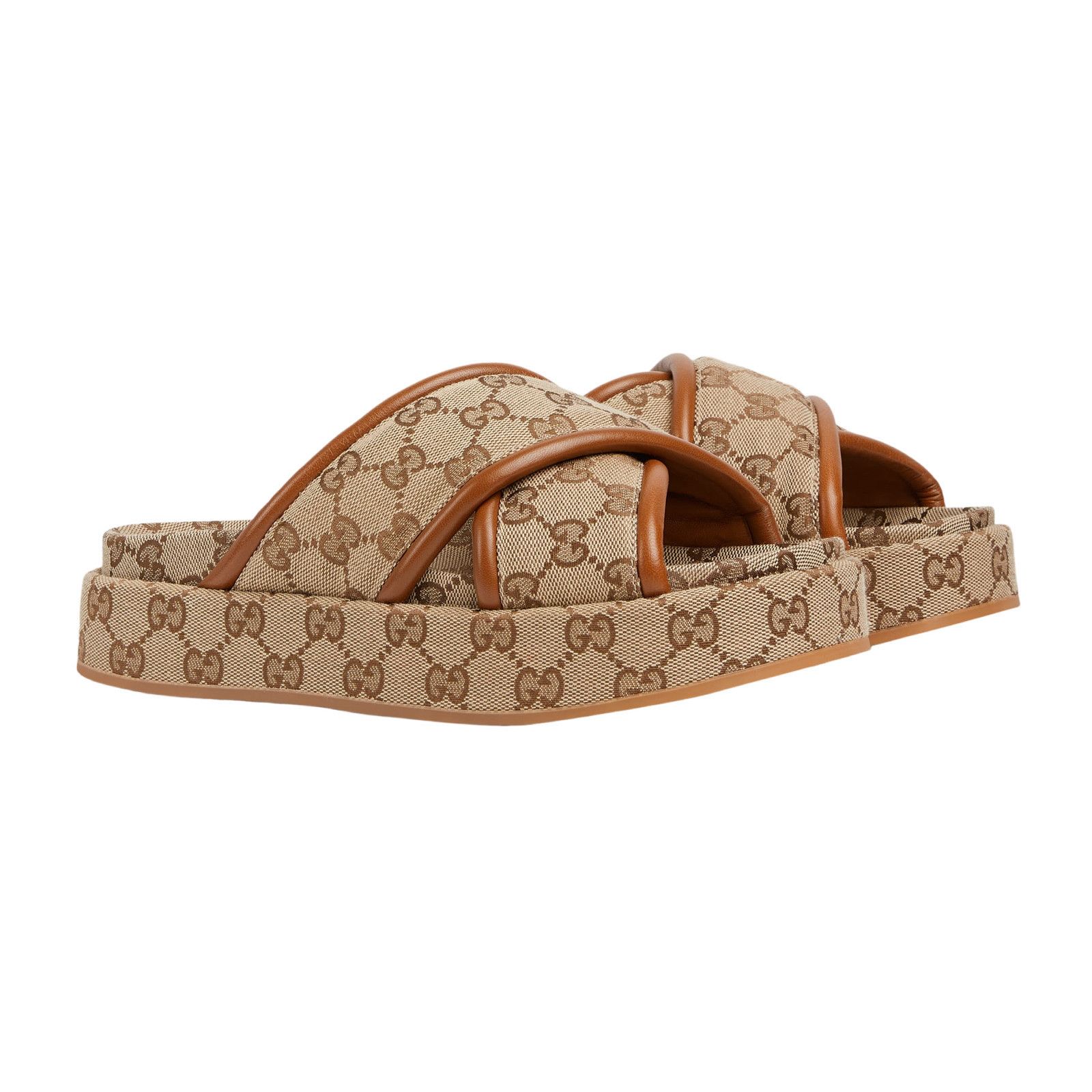 GUCCI $790 Beige/Dark Brown GG Canvas Platform Sandals New &